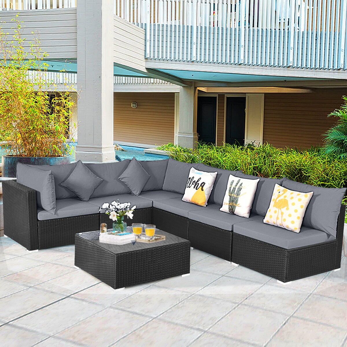 7-Pieces Modern Patio Wicker Conversation Set with Cushions Design and Adjustable for Garden-Poolside