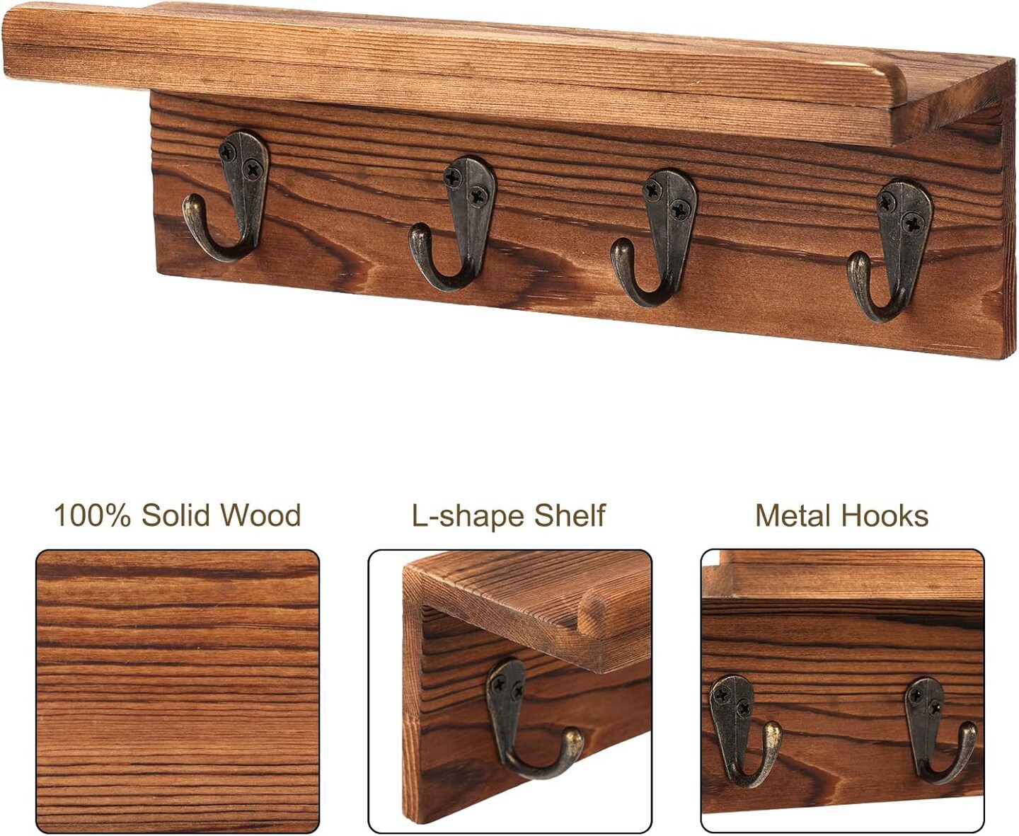 Rustic Key Holder for Wall, Farmhouse Wall Shelf with 4 Hooks, Wall Mounted Key Racks, Wooden Mail Organizer with Hooks for Entryway (Brown - Pine)