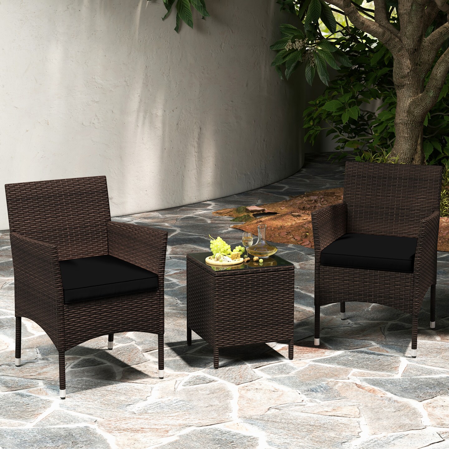 Rattan 3 Piece Outdoor Conversation Set with Cushioned Seats and Glass Table