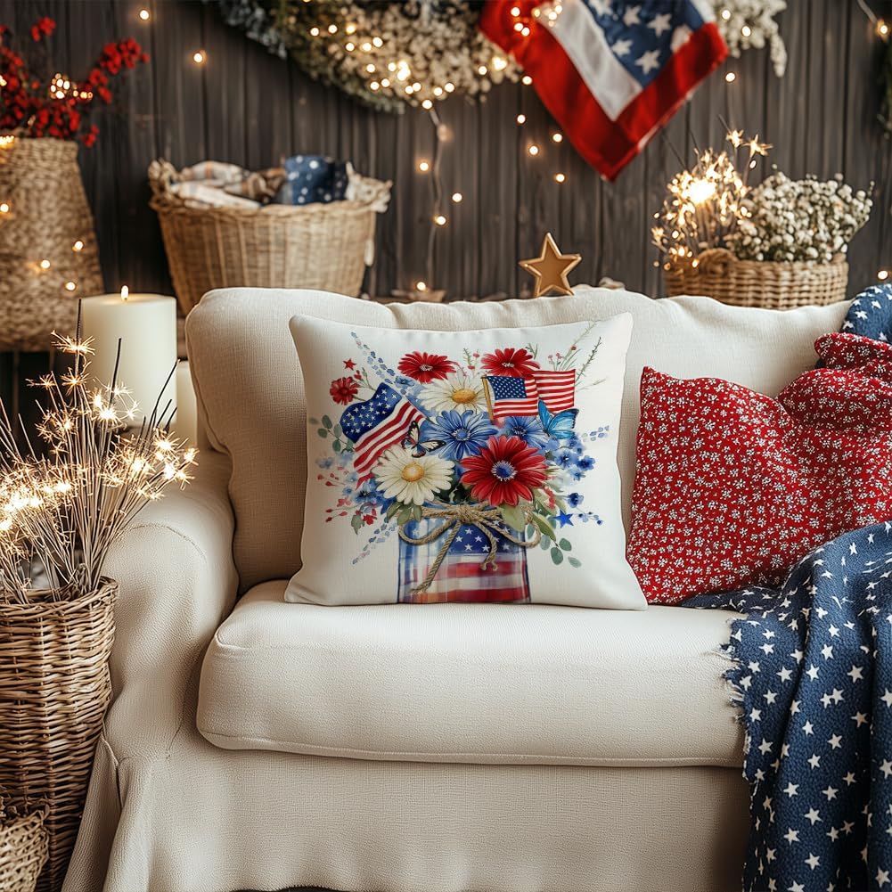 4th of July Pillow Cover 18x18 Inch Floral Mason Jar Decorations Patriotic Holiday Pillow Case Independence Memorial Day Decor for Home Sofa Couch