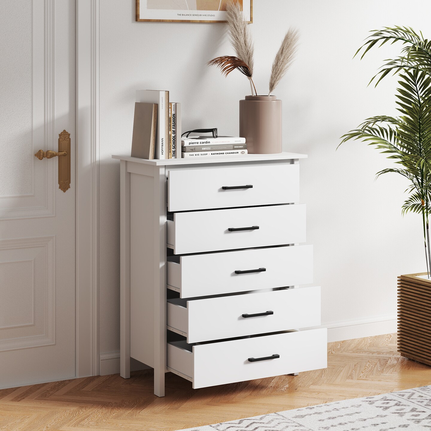 Modern Tall Storage Dresser with 5 Spacious Drawers and Wood Top Shelf for Bedroom Closet or Entryway
