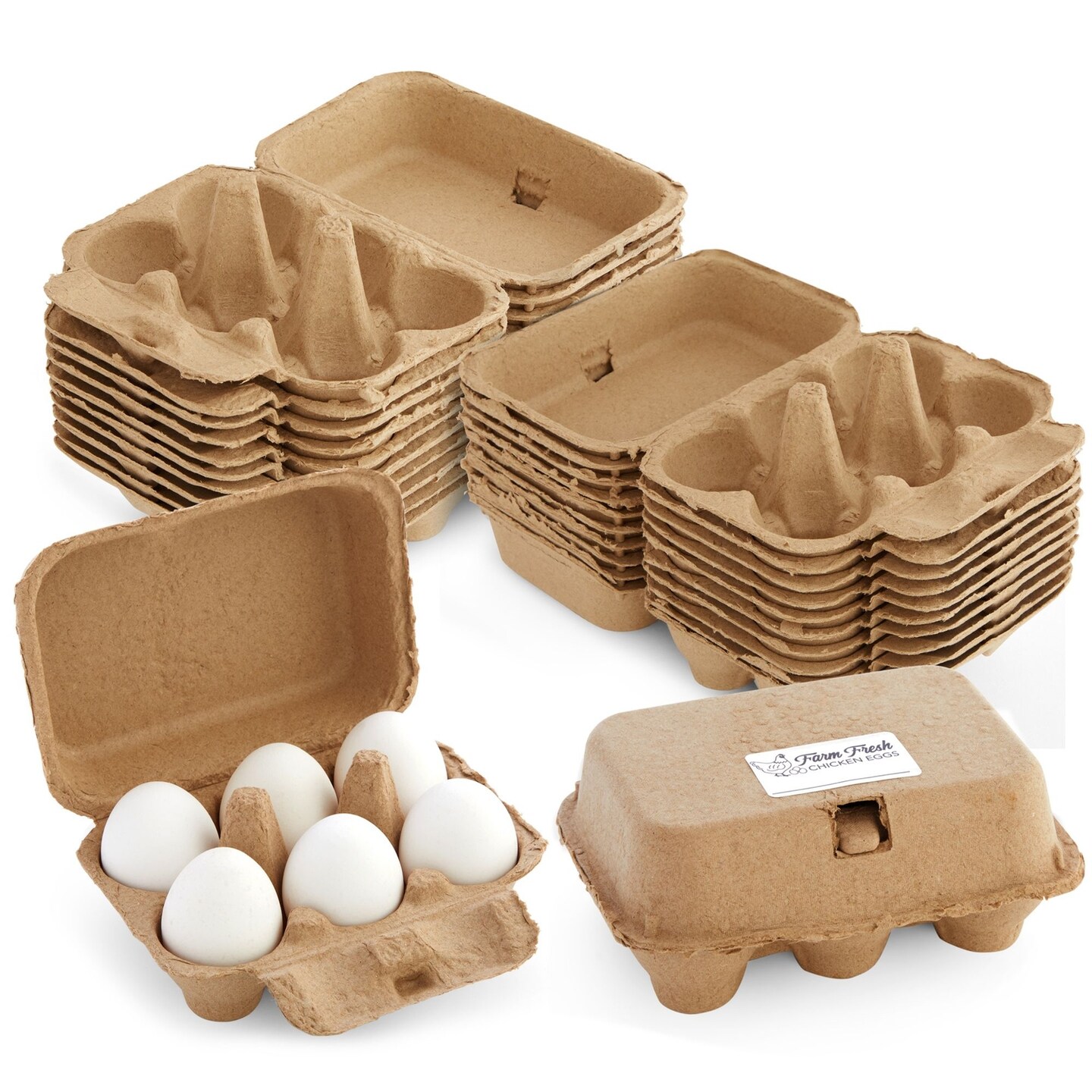 20-Pack Half Dozen Egg Cartons with 25 Farm Fresh Egg Labels, Reusable Egg Tray Holder, Family Farm Market Travel Egg Storage Containers (6.2x4.5x2.8 in, Brown)