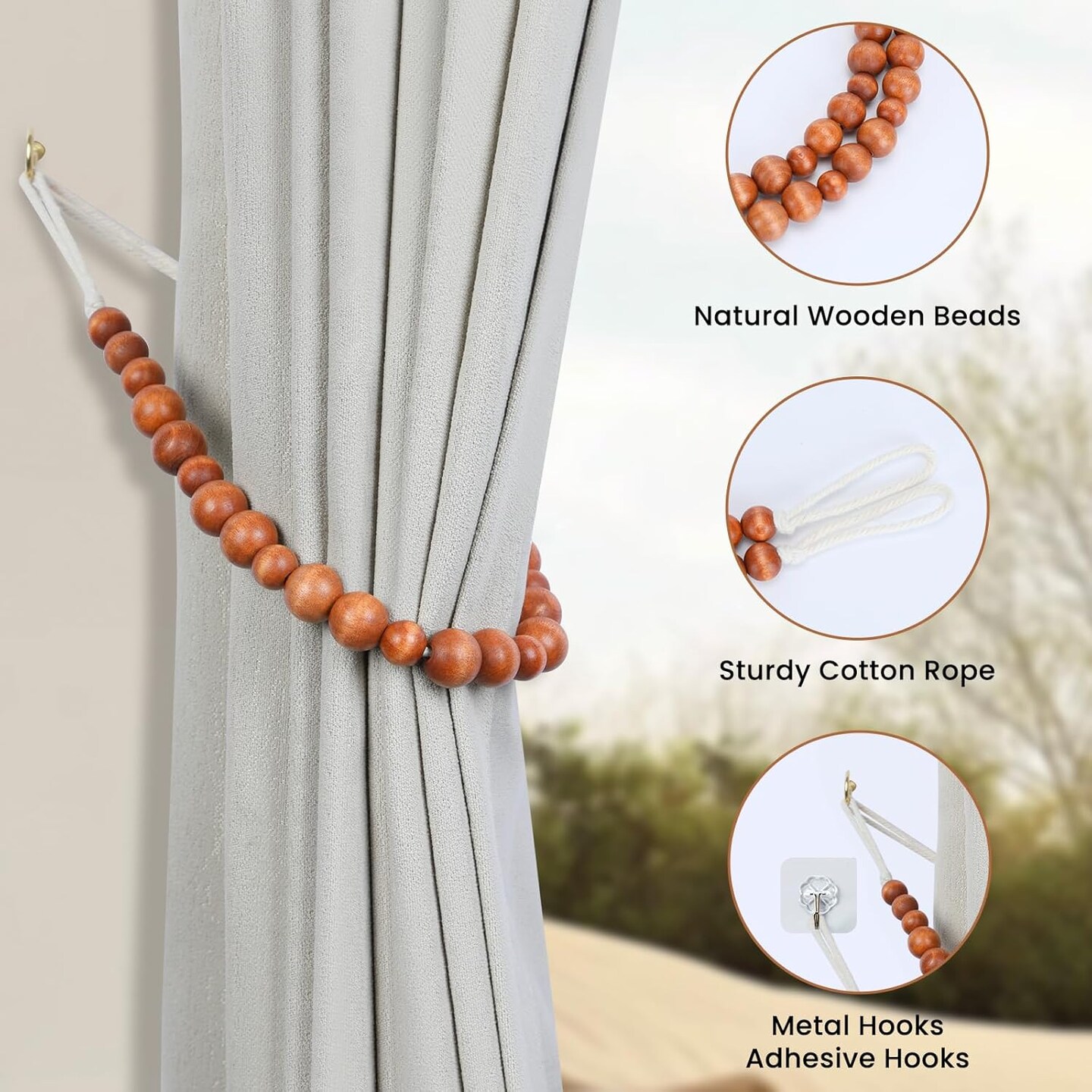 Wood Bead Curtain Tiebacks Set of 6 Curtain Holdbacks for Thin