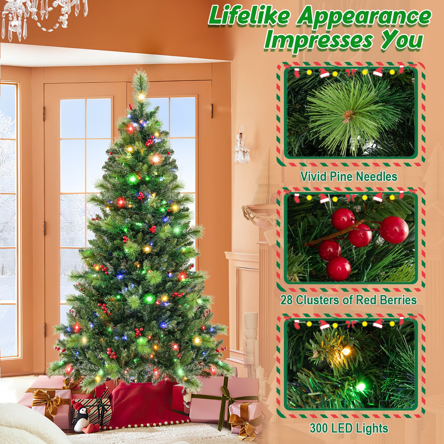 Green Pre-Lit Artificial Christmas Tree with LED Lights, Red Berries and Hinged Branches