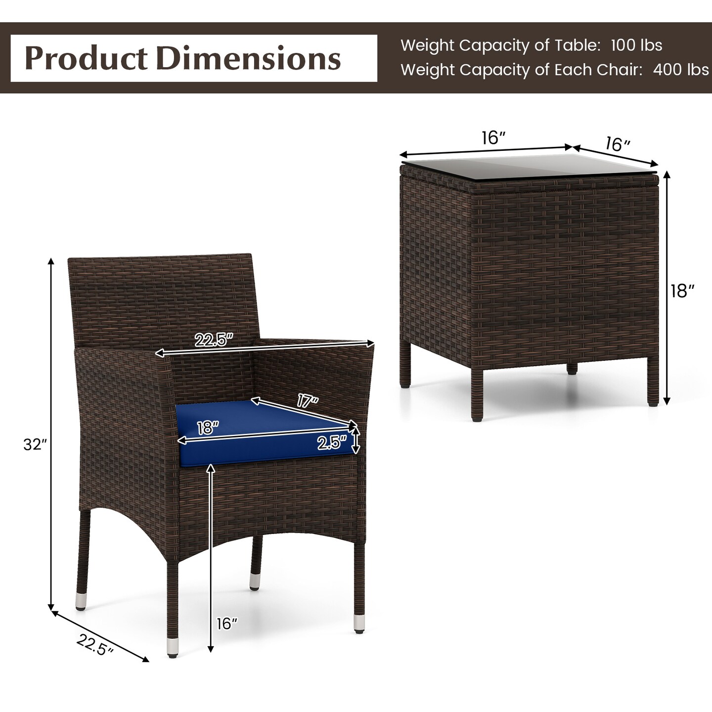 Rattan 3 Piece Outdoor Conversation Set with Cushioned Seats and Glass Table