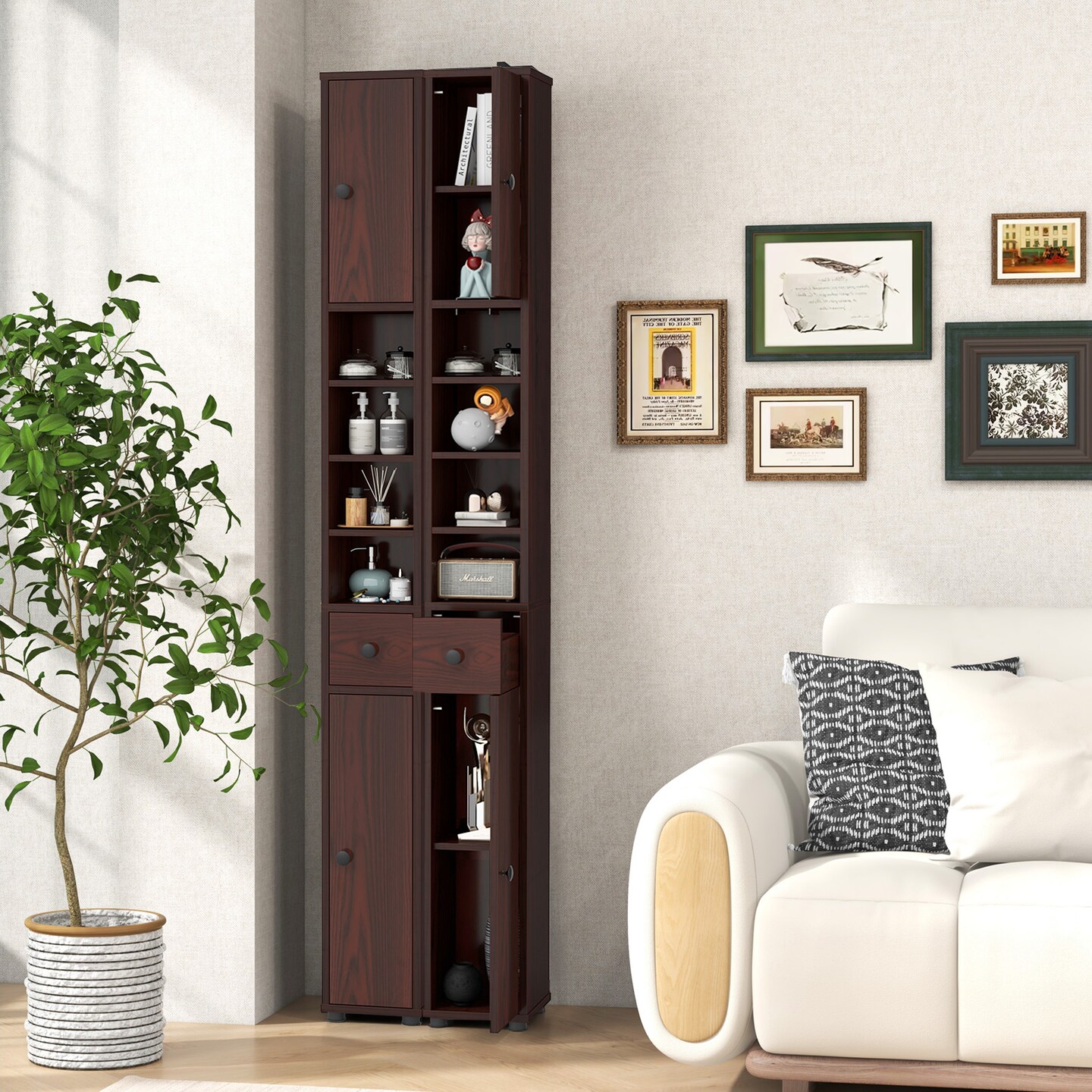 Freestanding Tall Storage Cabinet with Open Shelves Drawer and Double Door Organizer for Compact Spaces