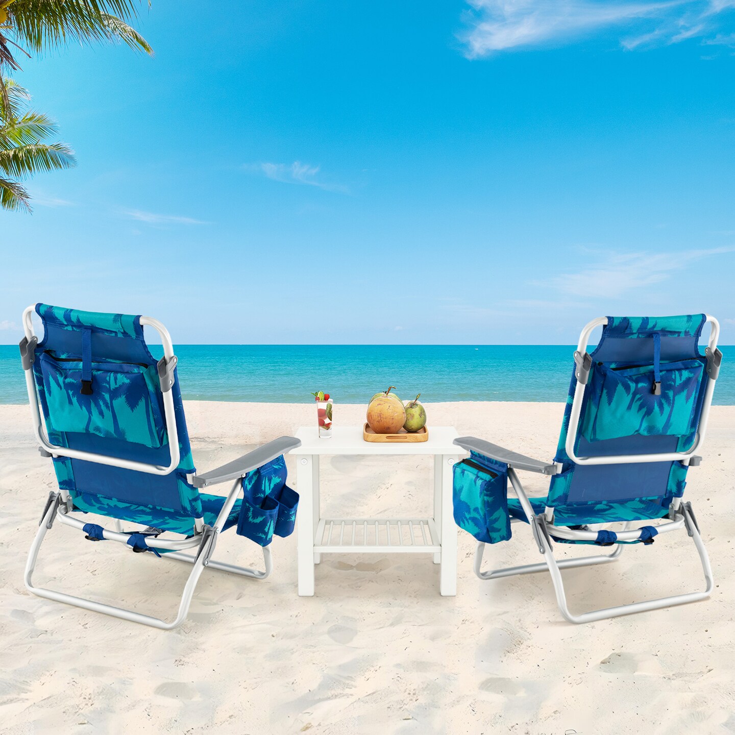 2 Pieces 5-Position Reclining Outdoor Folding Chairs with Cup Holder and Extra Storage Ideal for Beach or Camping