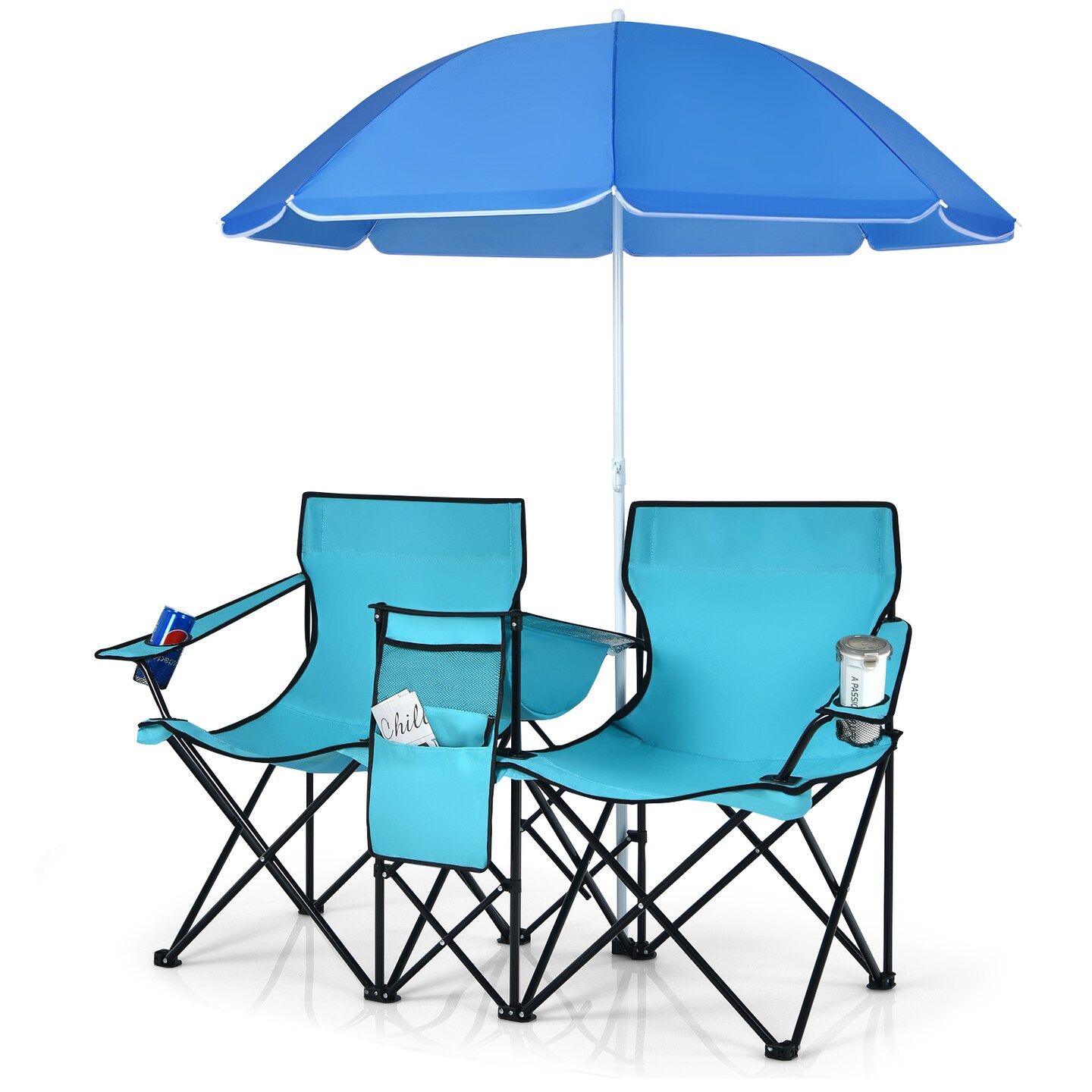 Foldable Picnic Chair with Adjustable Umbrella and Beverage Holders