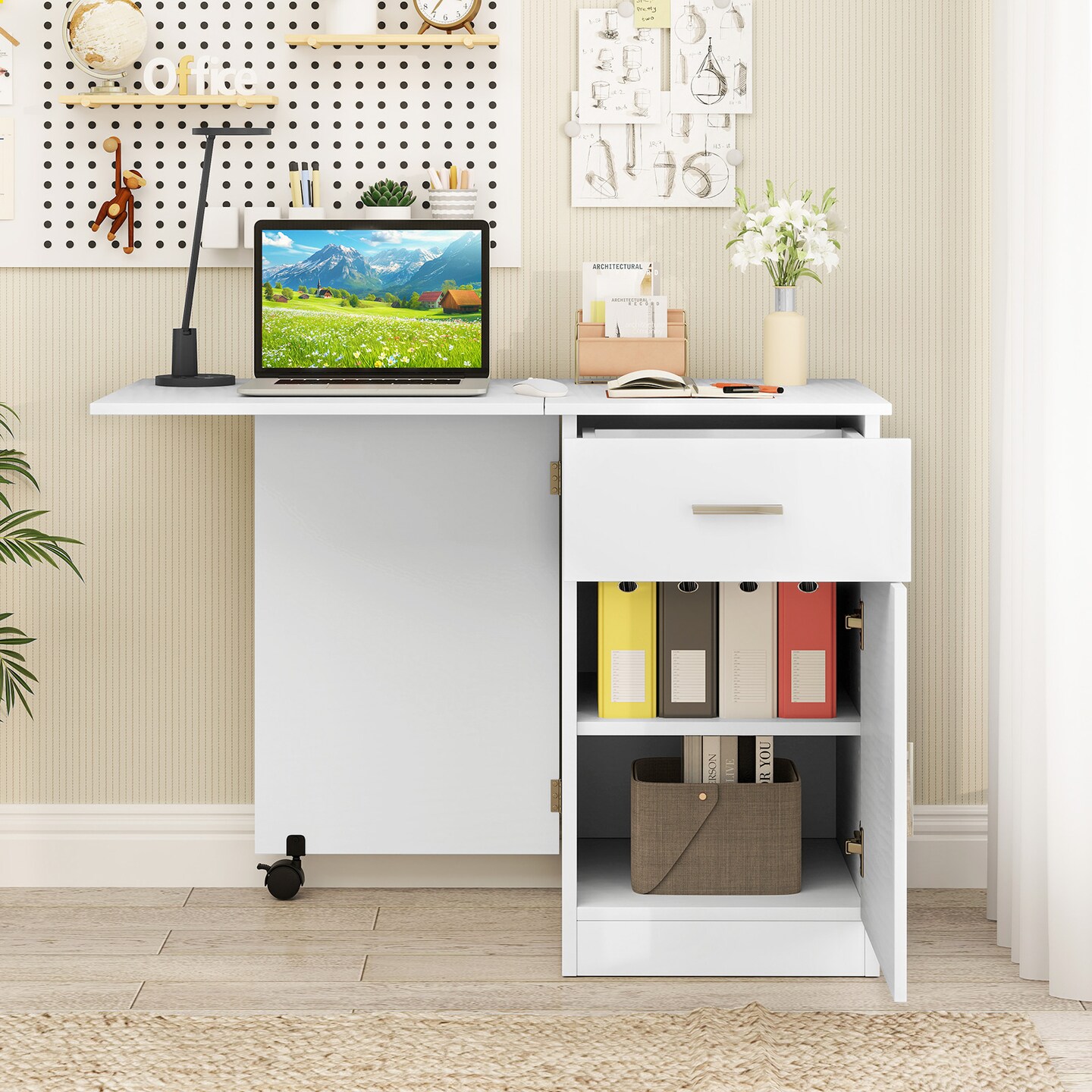 Compact Folding Desk with Cabinet and Drawer for Small Spaces and Office Use