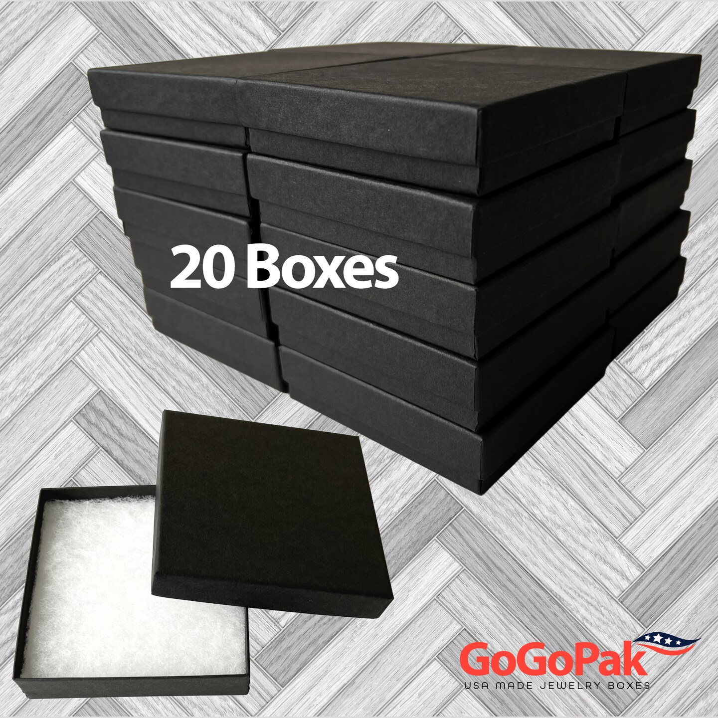 MADE IN USA - 20 Boxes - Matte Black Jewelry Boxes with Cotton Filling - 3.5"x3.5"x7/8"