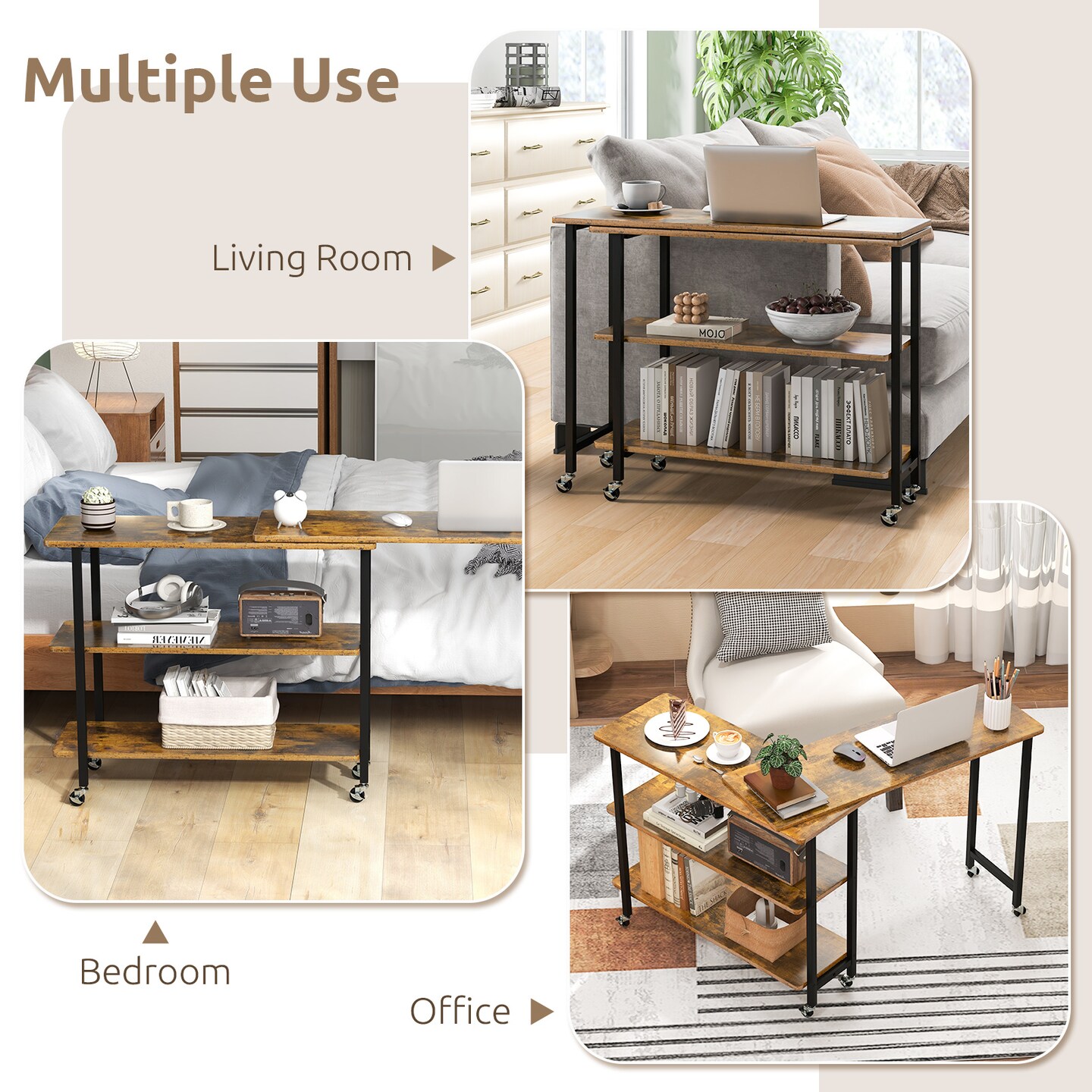 Space-Saving Sofa Side Table with Rotating Top 2 Open Shelves and 6 Locking Casters for Home Office