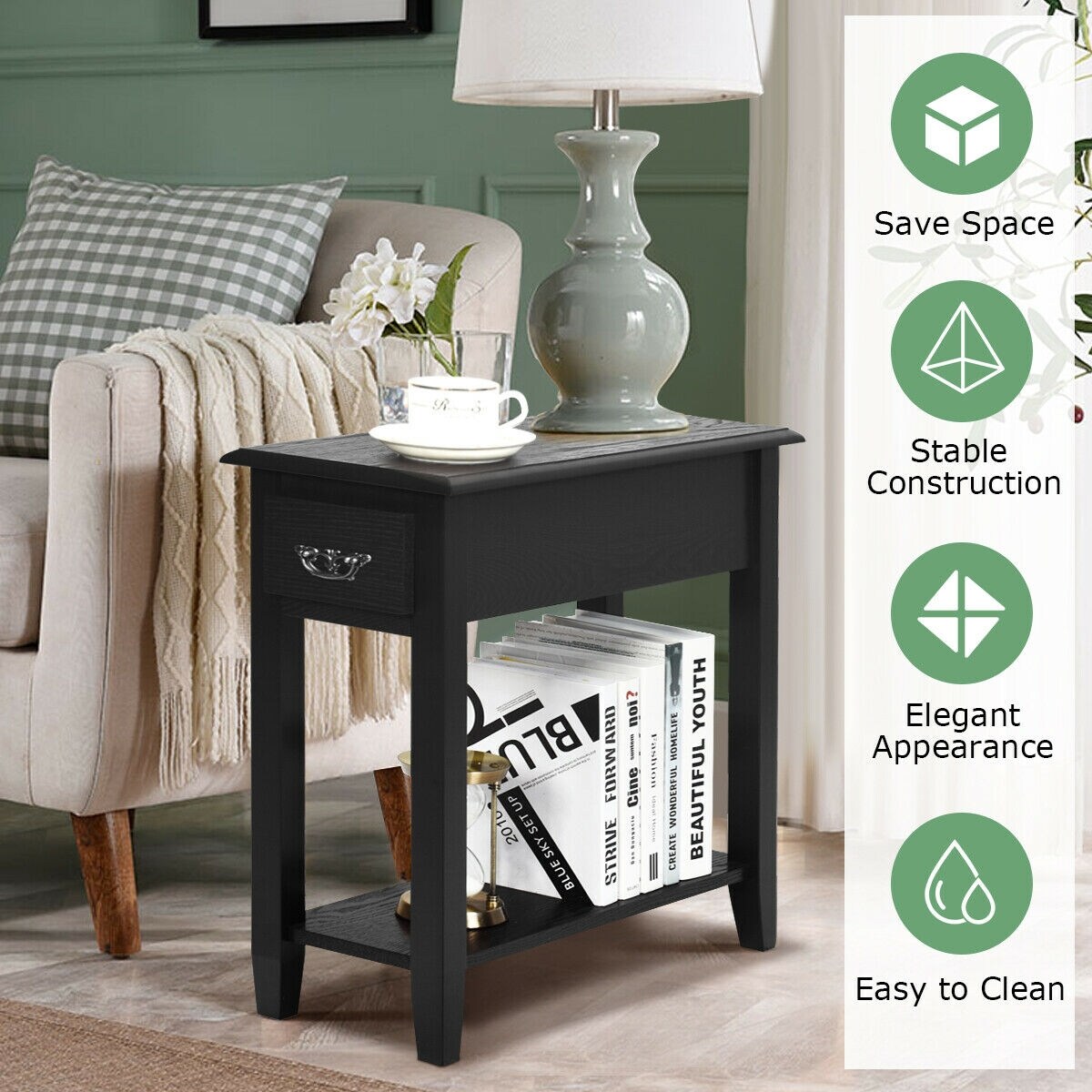 Modern Accent Table with Large Drawer and Storage Shelf Ideal for Small Spaces Living Room and Bedroom