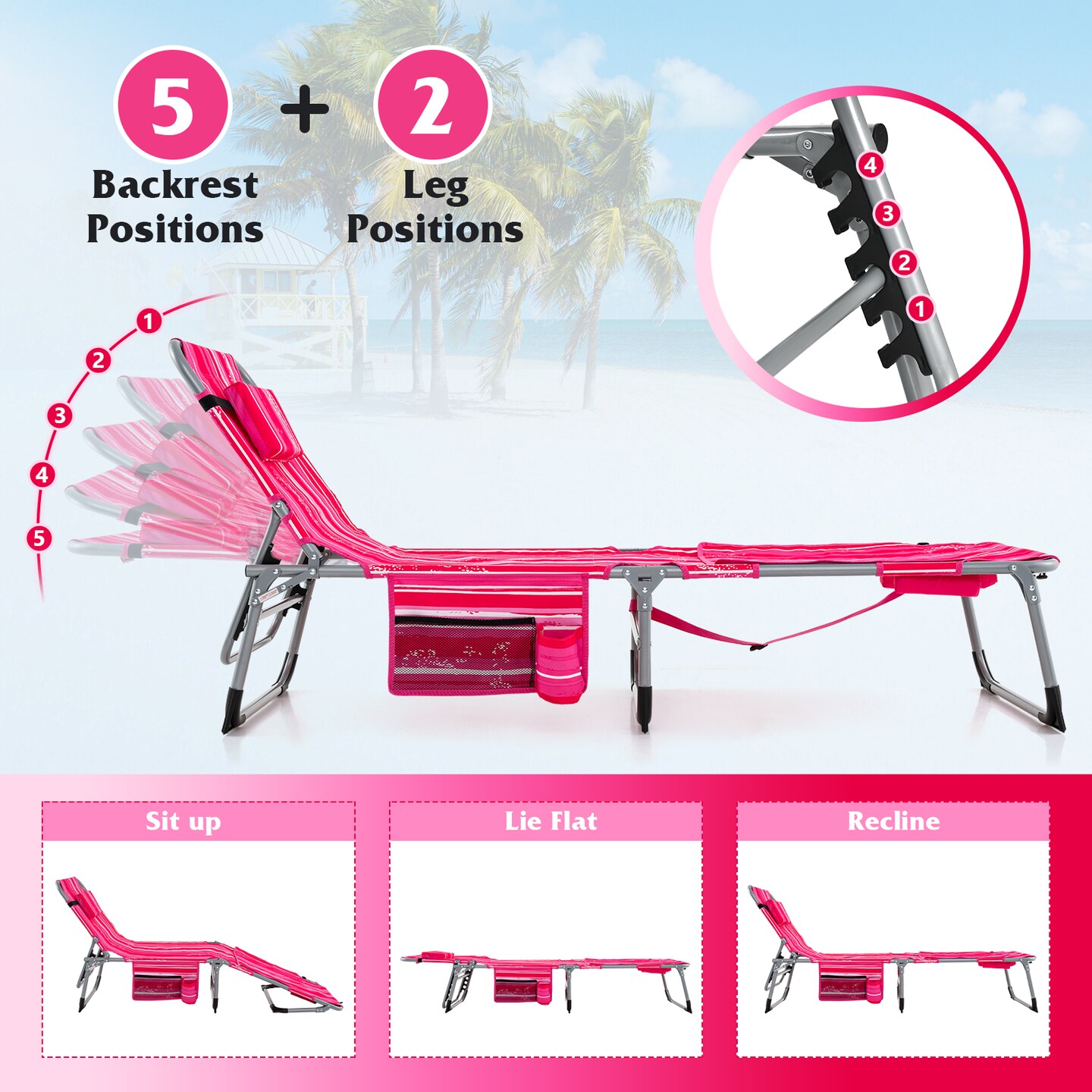 Folding Outdoor Lounge Chair with Adjustable Backrest and Cushioned Face Pillow