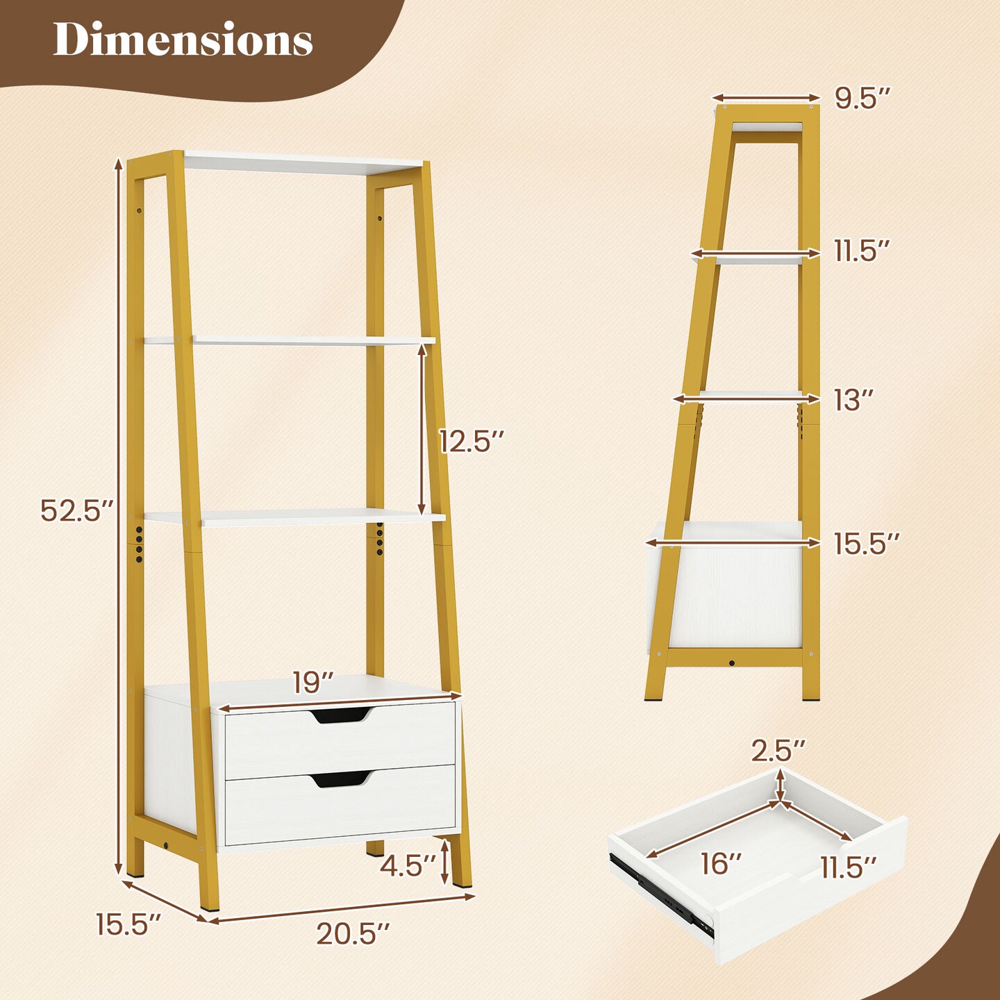 Modern 4-Shelf Ladder Bookcase with Drawers and Sturdy Metal Frame for Living Room or Kitchen