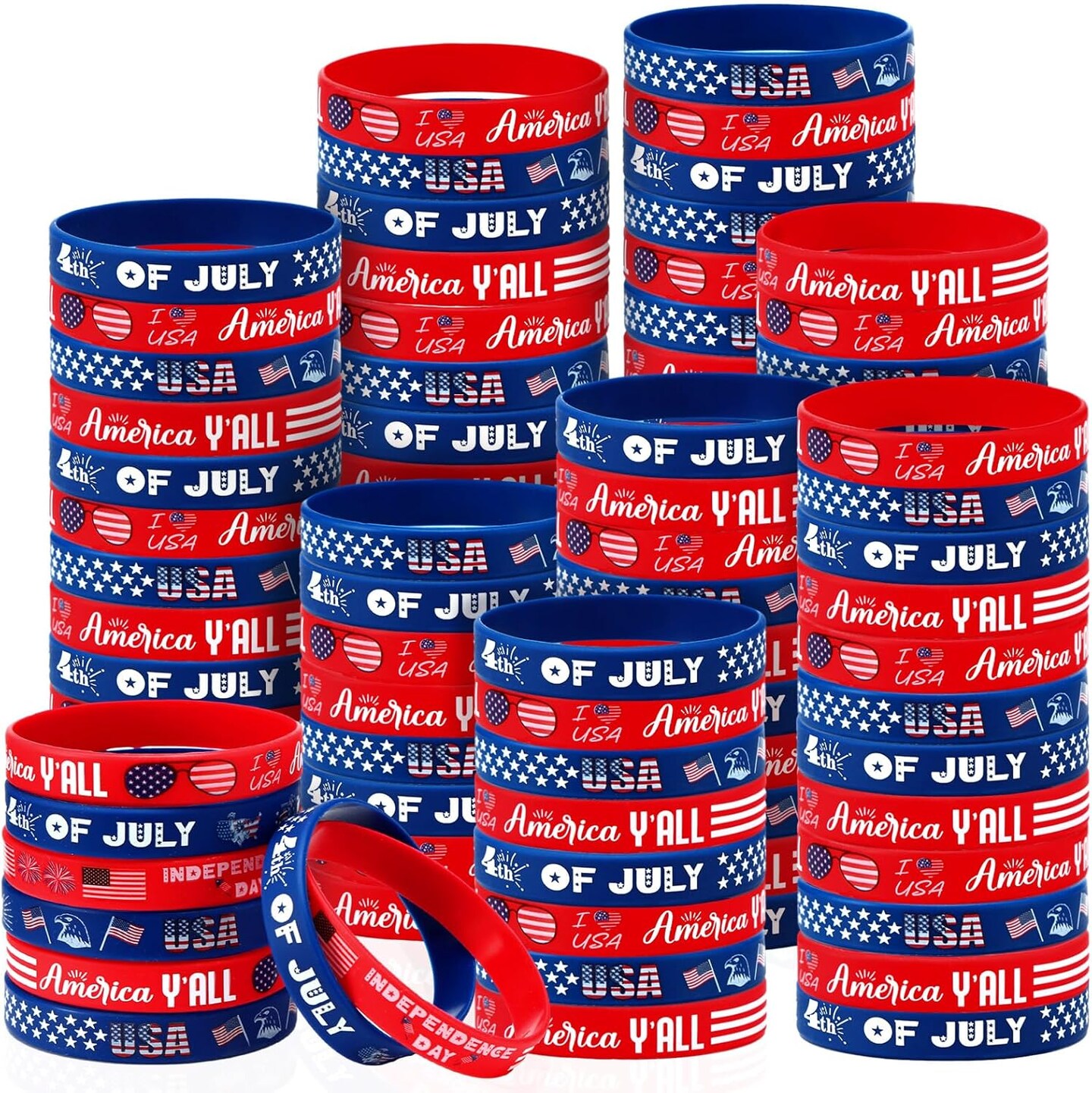 96 Pcs USA Silicone Bracelets American Flag Patriotic Wristband Red White and Blue Bracelets 4th of July Independence Day Rubber Wristbands Party Favors Gifts Supplies for Memorial Day