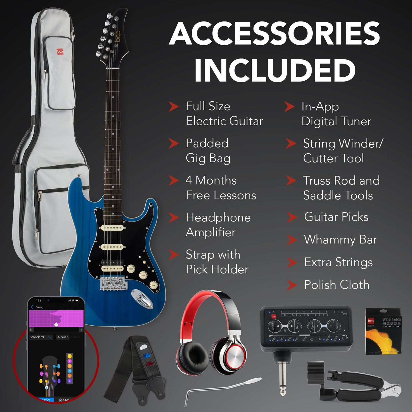 Best Choice Products Beginner Electric Guitar Kit w/ Headphone Amp, Padded Gig-Bag, Headphones