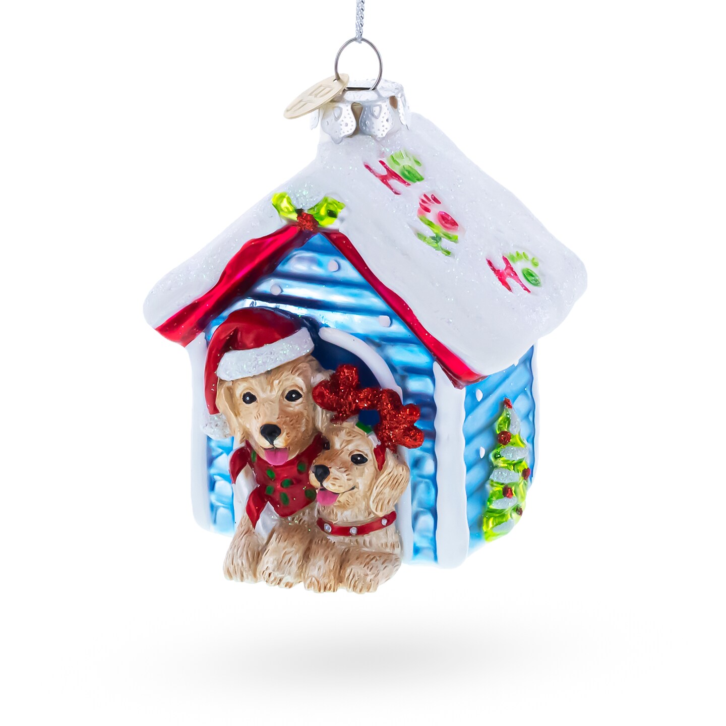 Crhsitmas Doghouse with Two Holiday Puppies Glass Christmas Ornament