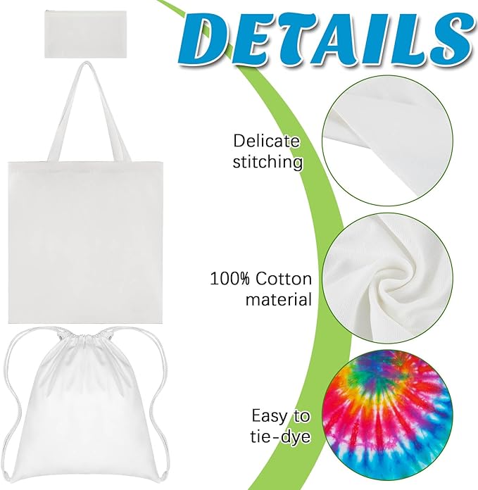 12 Pcs Cotton Bags Set for Tie Dye Kit 3 Style Cotton Tote Drawstring Makeup Bags Items for DIY Large Groups Tie Dying (Small)