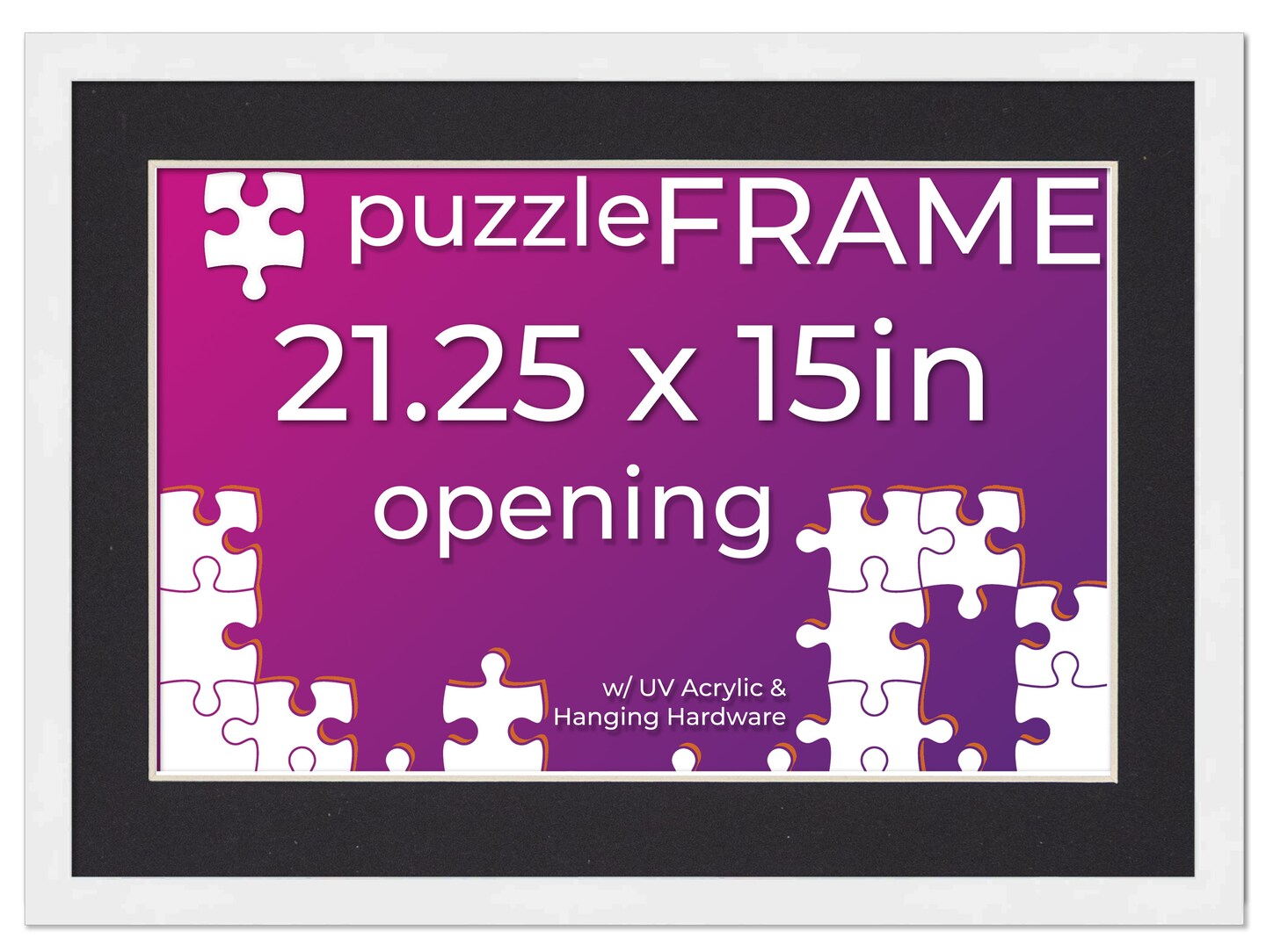 White Wood Puzzle Frame Kit with Glue Sheets, Black Mat, Backing, UV Acrylic - Available in 20 Popular Sizes