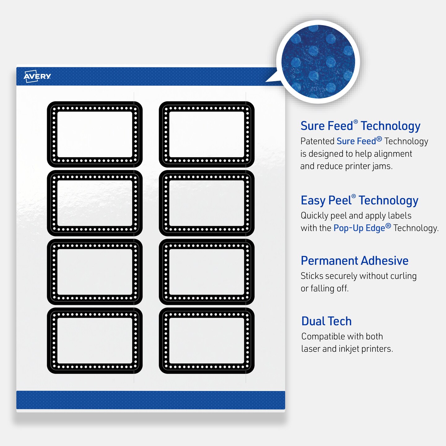 Avery Printable Rectangle Labels, Black and White Polka Dots, 2&#x22; x 3&#x22;, Glossy White Rectangle Labels, Permanent, Laser/Inkjet, 80ct, Great for Product Labels