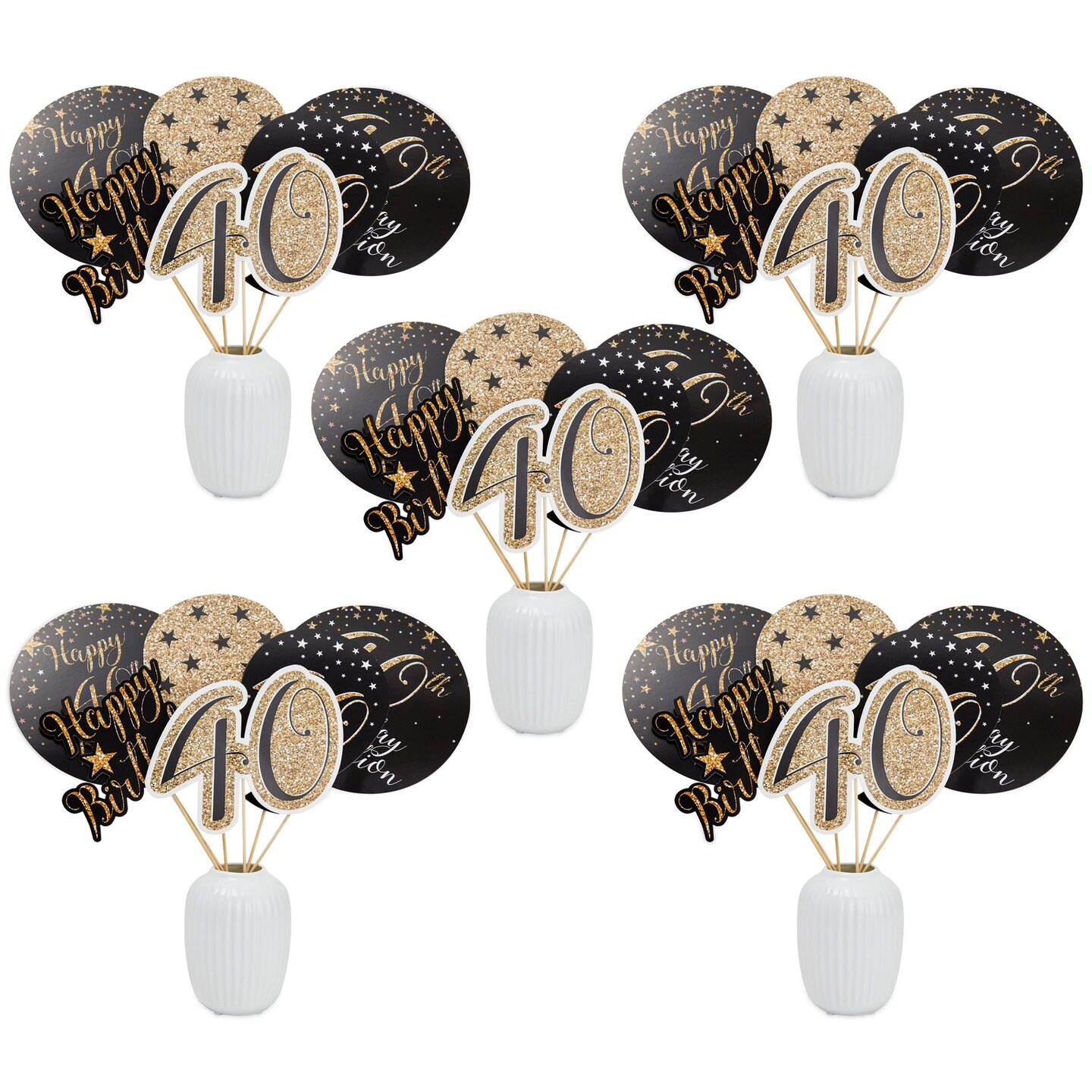 30 Pieces 40th Birthday Decorations, Black and Gold Centerpiece Stick Table Toppers, 4 Designs for Party Supplies