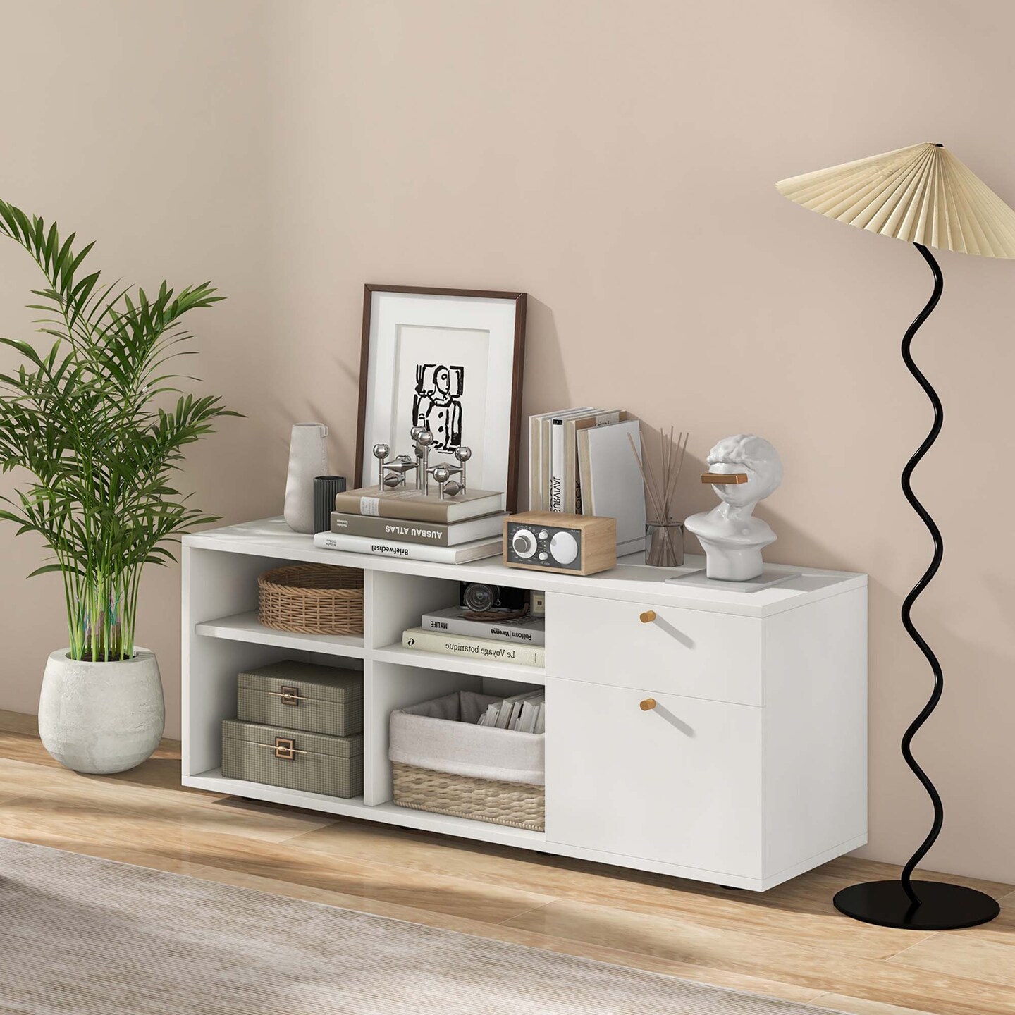 Costway Storage Cabinet with 2 Drawers 4 Cubes Adjustable Feet Floor Display Cabinet White