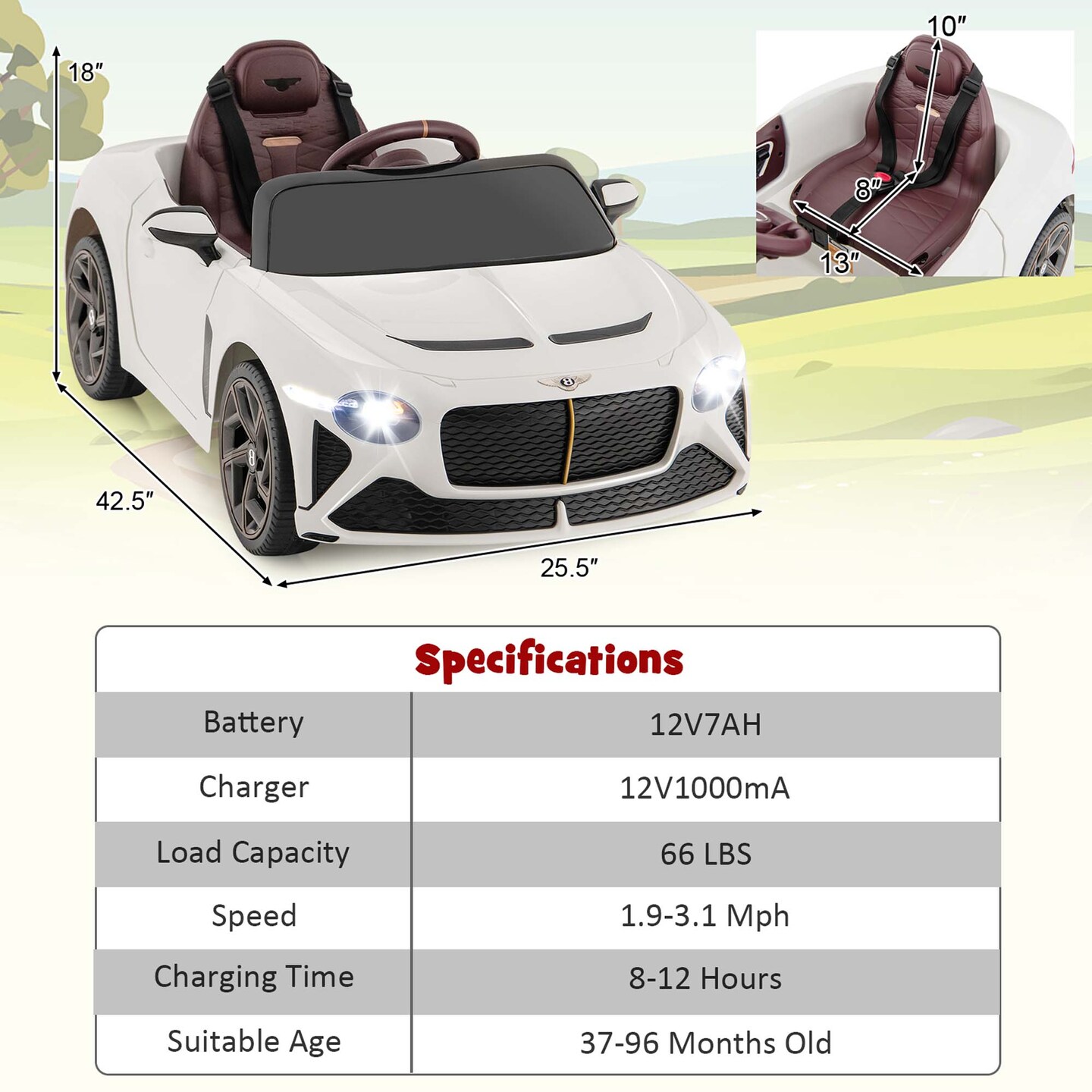 Costway 12V Licensed Bentley Bacalar Kids Electric Ride-on Car with Remote Control Green/Red/White/Black