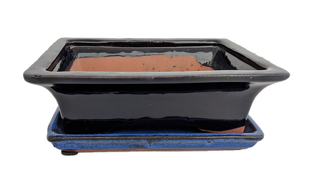Ceramic Bonsai Pot and Saucer -NavyBlue/Black -8" x 6.25" x 3" +Felt Feet