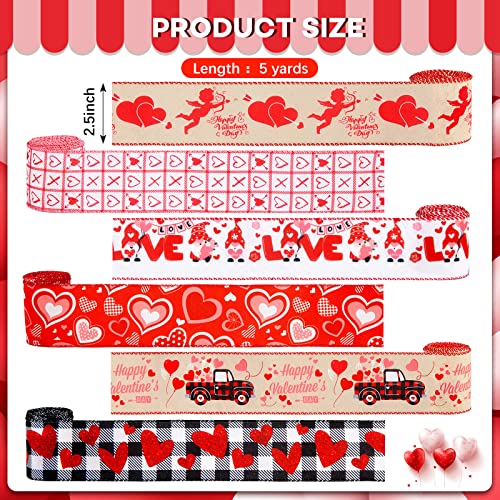30 Yards Love Heart Ribbons Heart Pattern Wired Edge Ribbon Happy Valentine&#x27;s Day Ribbons for Gift Wrap DIY Crafts Wedding Birthday Valentine&#x27;s Day Party Decoration, 6 Rolls 2.5 Inch