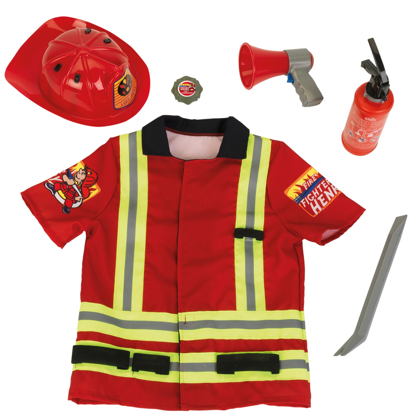 Klein: PRO Firefighter Costume - Red &#x26; Yellow - 5pc Set, Dress Up Outfit &#x26; Toy Accessories, Megaphone-Crowbar-Badge-Helmet, Pretend Play, Kids Ages 3+