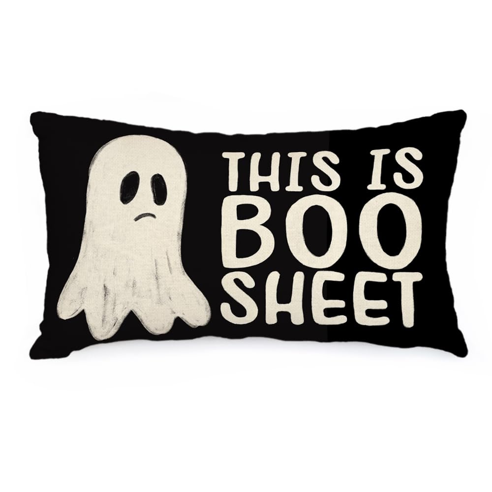 Halloween Pillow Cover 12X20 Inch Ghost Funny Halloween Saying Decoration Holiday Farmhouse Pillow Case Decor for Home Sofa Couch Indoor Outdoor AA188-12