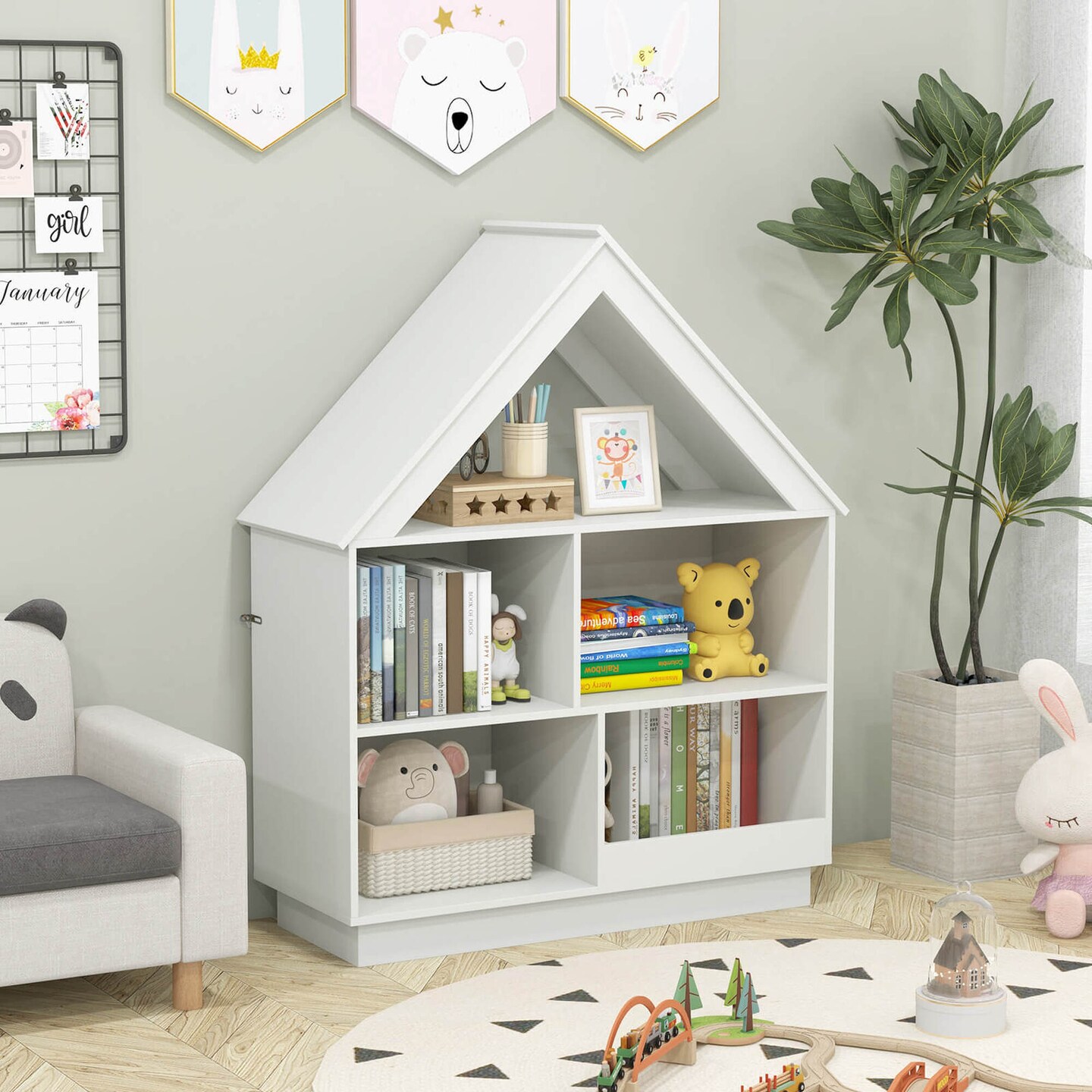 Costway Wooden Kids Dollhouse Bookshelf with Open Shelves Anti-toppling System Bookcase White/Brown