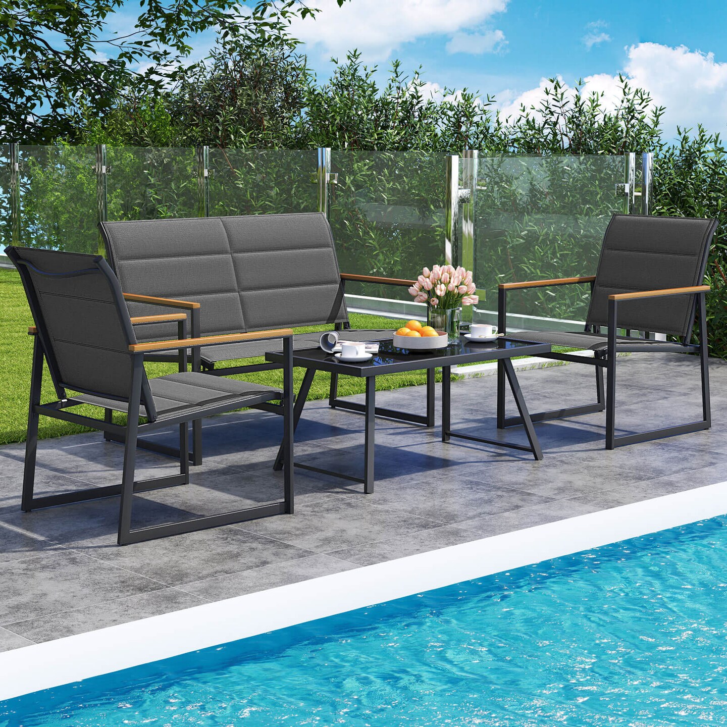 Costway 4/8 PCS Patio Furniture Setwith Padded Fabric Seat & Wood-Plastic Armrests Table