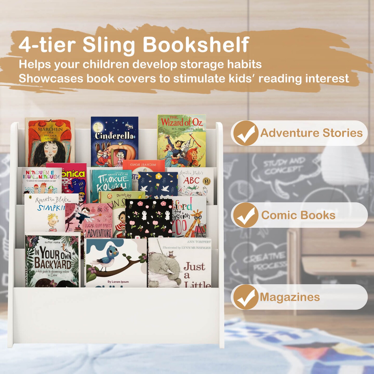 Costway 4-tier Kids Wooden Bookshelf Toddlers Book Rack with Deep Shelves Natural/White