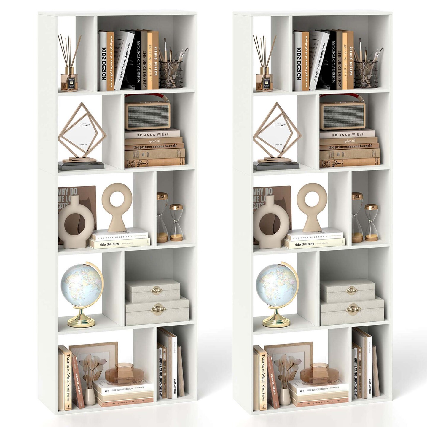 Costway 1/2 PCS 63&#x22; Tall Floor Standing Open Bookshelf with 10 Cubbies 5 Back Anti-falling Panels