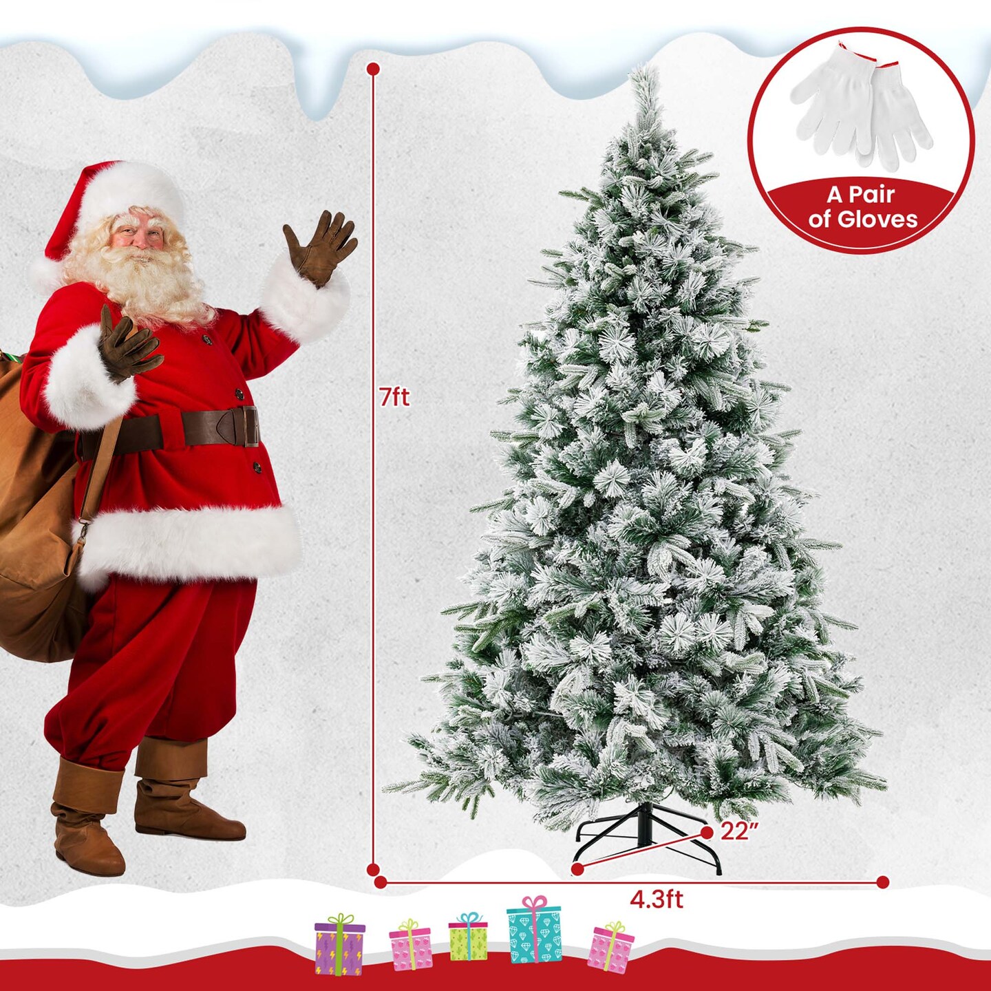 Costway 6/7 FT Pre-Lit Flocked Christmas Tree Hinged Xmas Decoration with 250/300 LED Lights