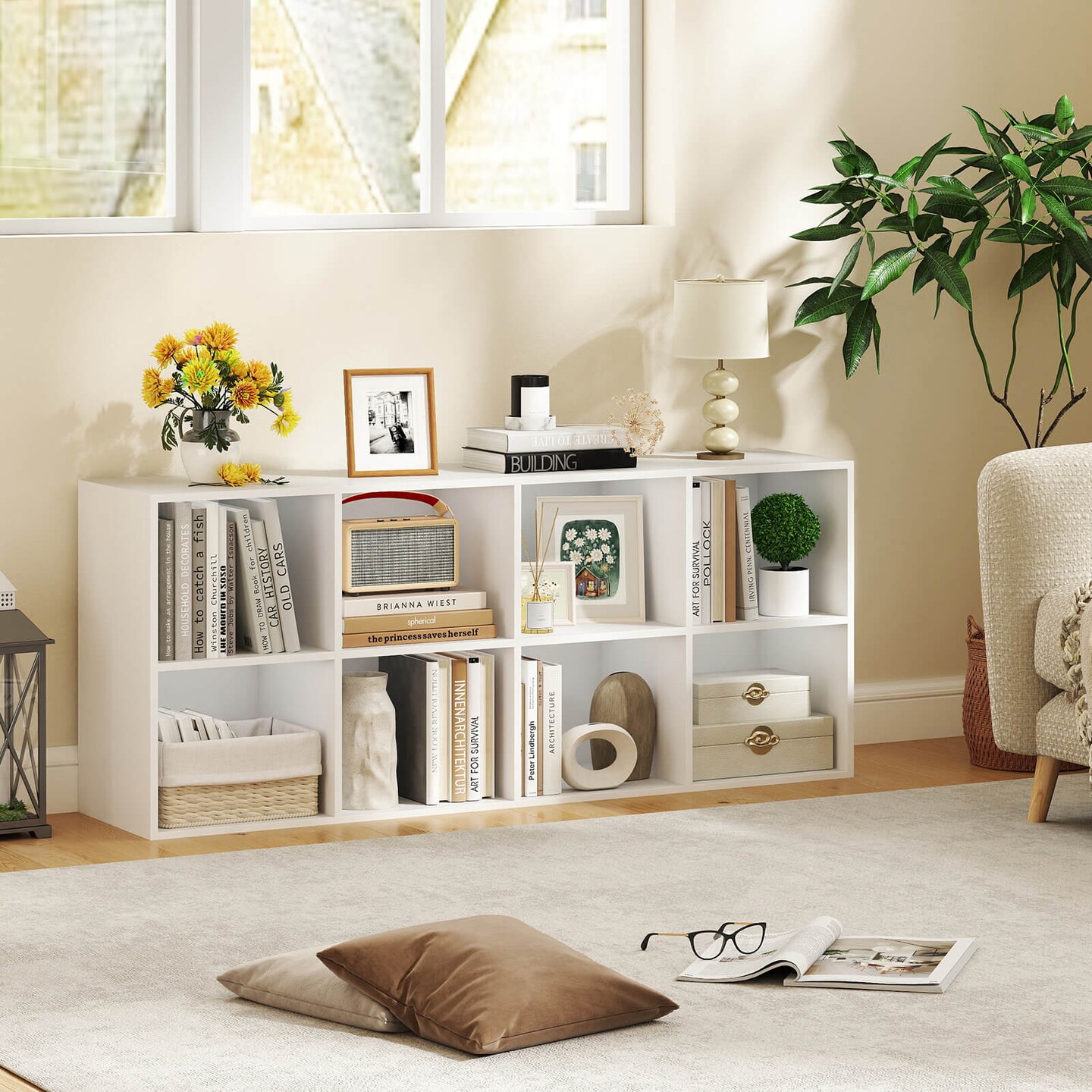 Costway 8-Cube Bookcase Bookshelf with 2 Anti-Tipping Kits Storage Organizer Rustic Brown/White