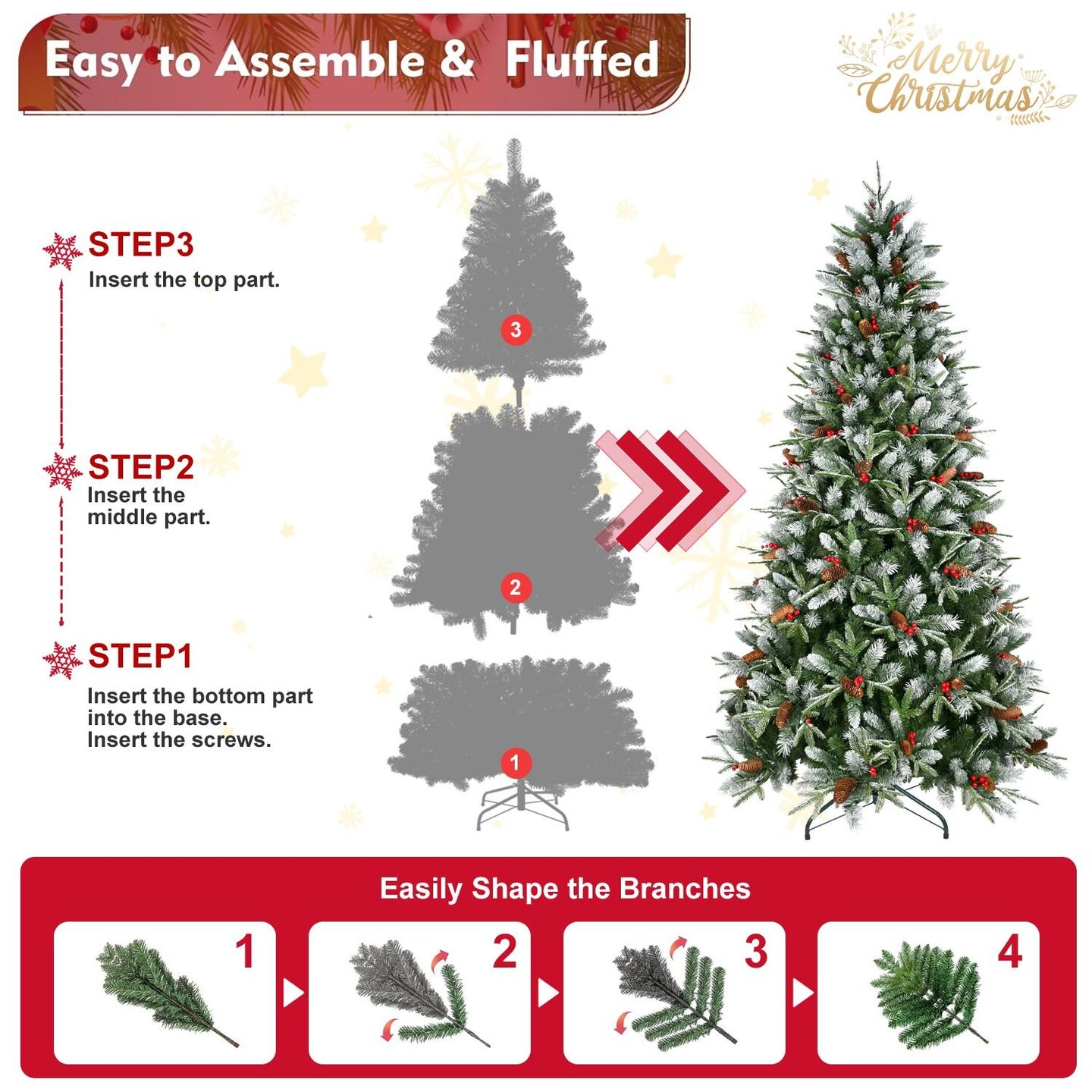 Edge Collections - 7' - Green - Fluffy Snow Frosted Christmas Tree with Pinecones and Berries - 1 Piece