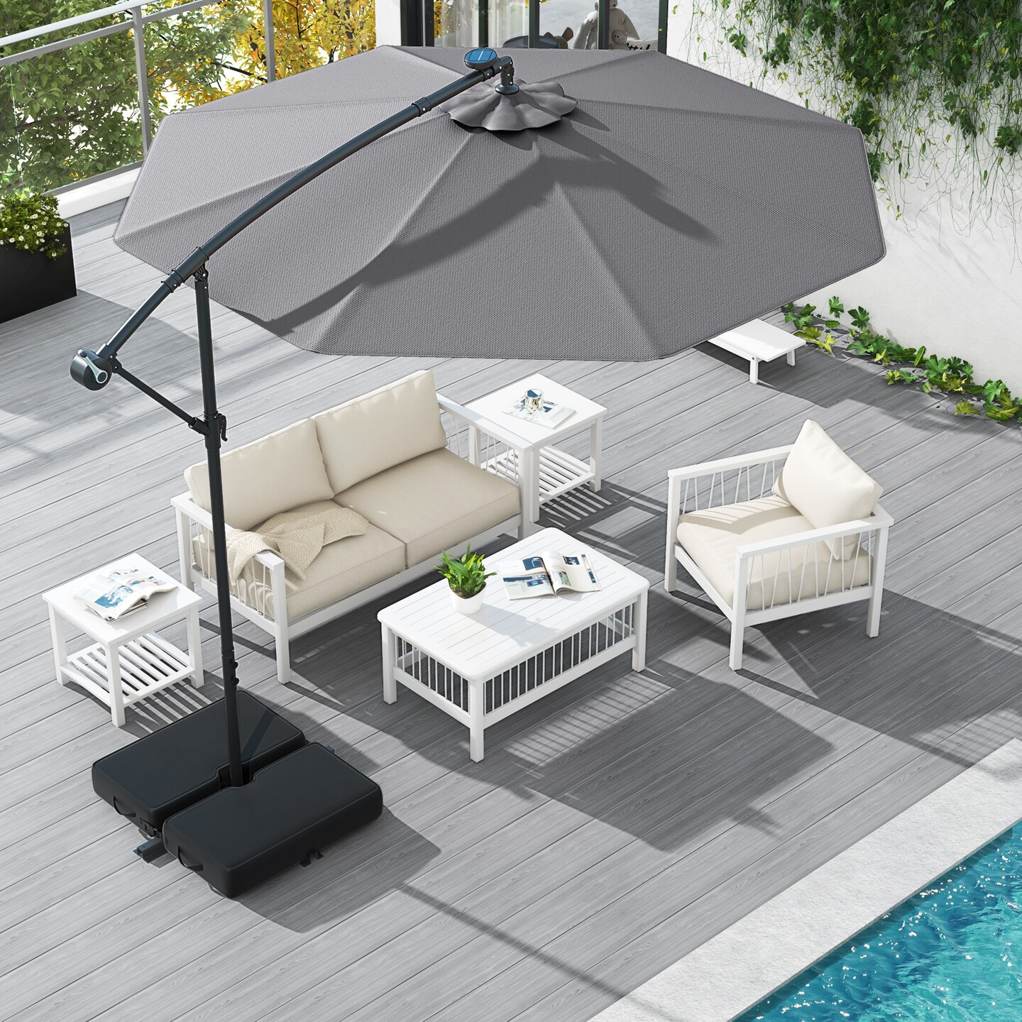 10 Ft Beige Steel Offset Cantilever Patio Umbrella with 40 Solar Powered LED Lights and Adjustable