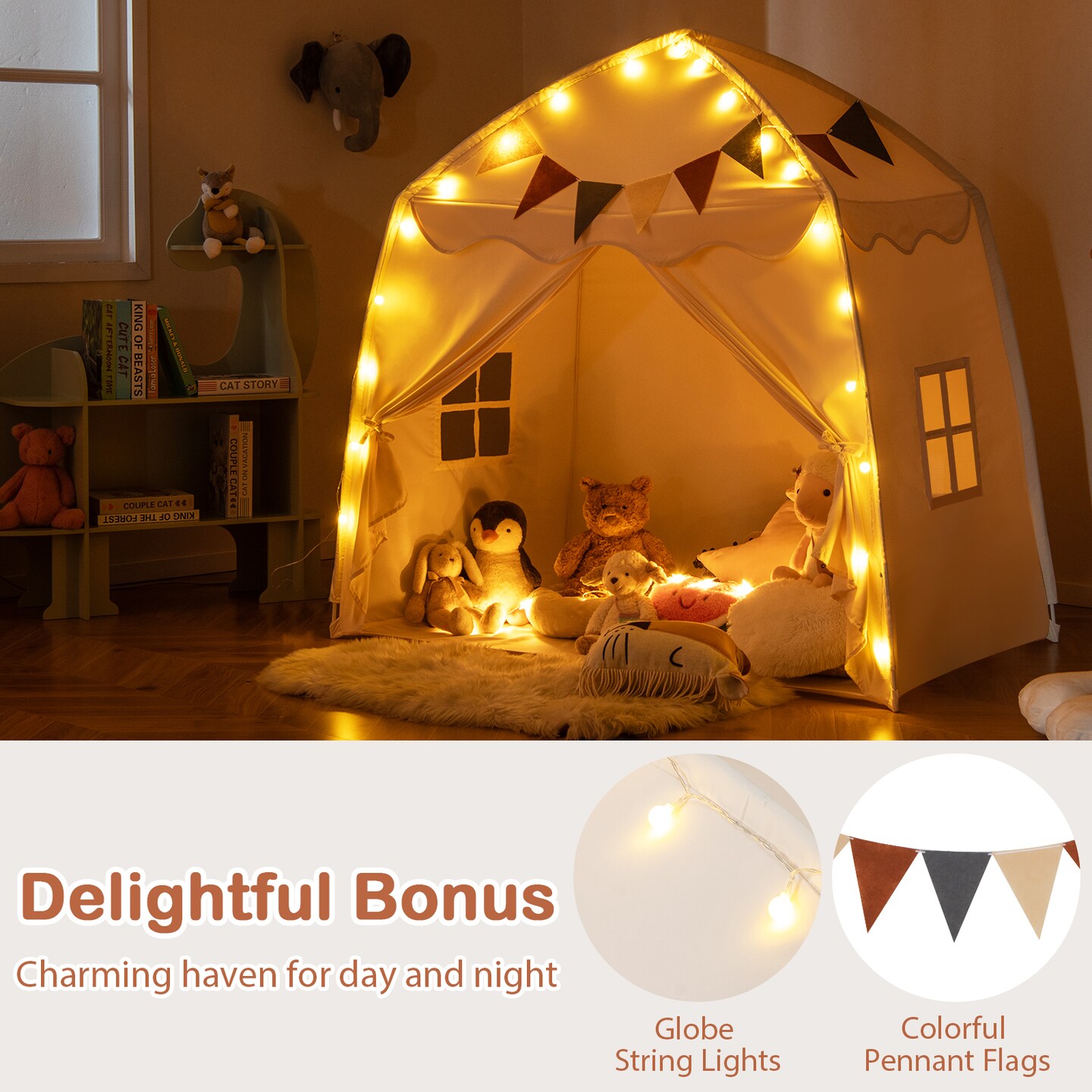 Blue Polyester Kids Play Tent Bed Tent with String Lights, Extra Large Playhouse Tent for Indoor &#x26; Outdoor Fun
