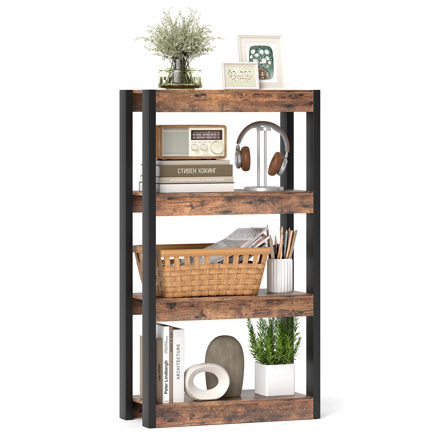 4 Tier Bookshelf Wooden Bookcase with Dual Anti-Tipping Kits Perfect for Living Rooms, Bedrooms Or Studies