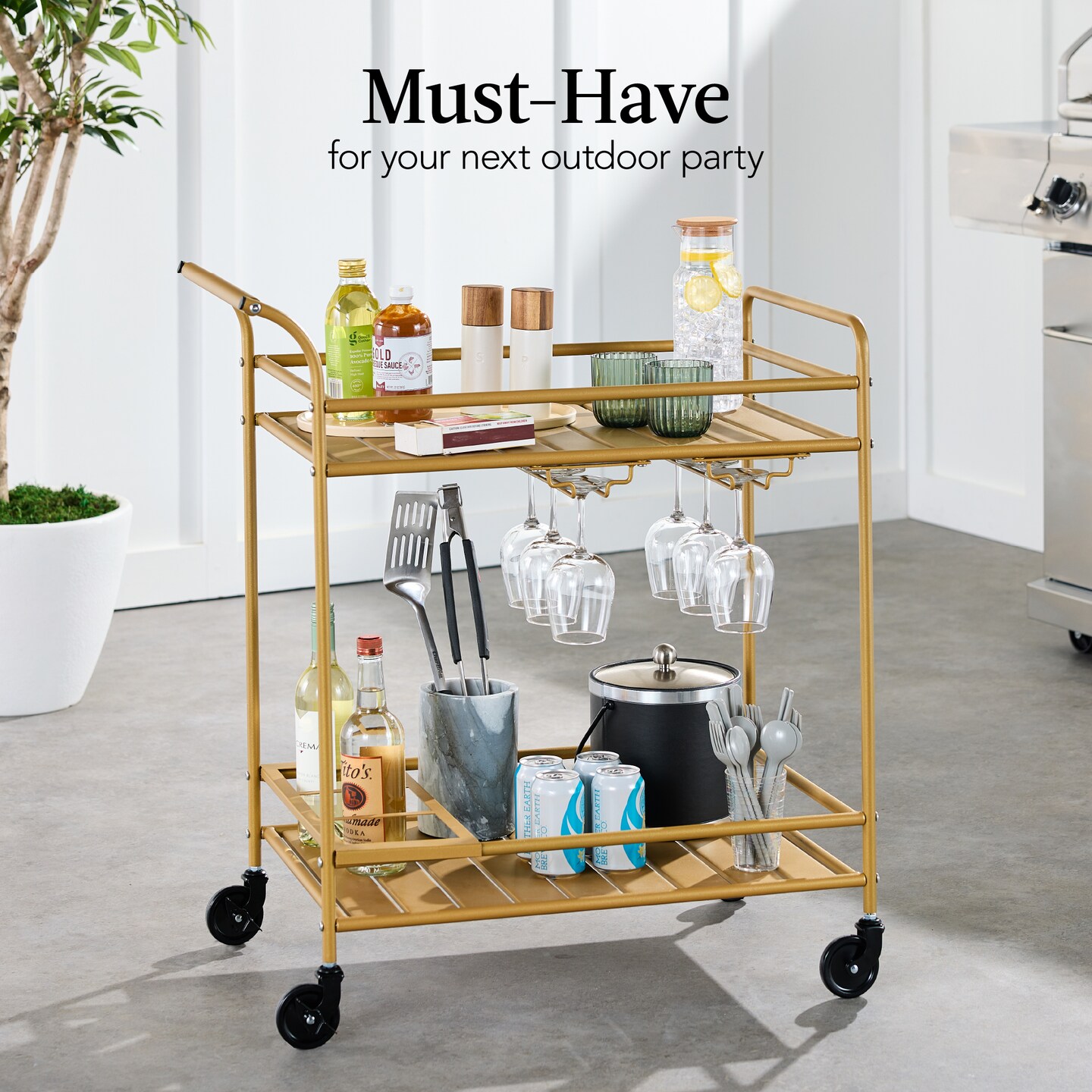 Best Choice Products 2-Tier Rolling Bar Cart Indoor/Outdoor w/ Storage Shelves, Wine Rack, Lockable Wheels