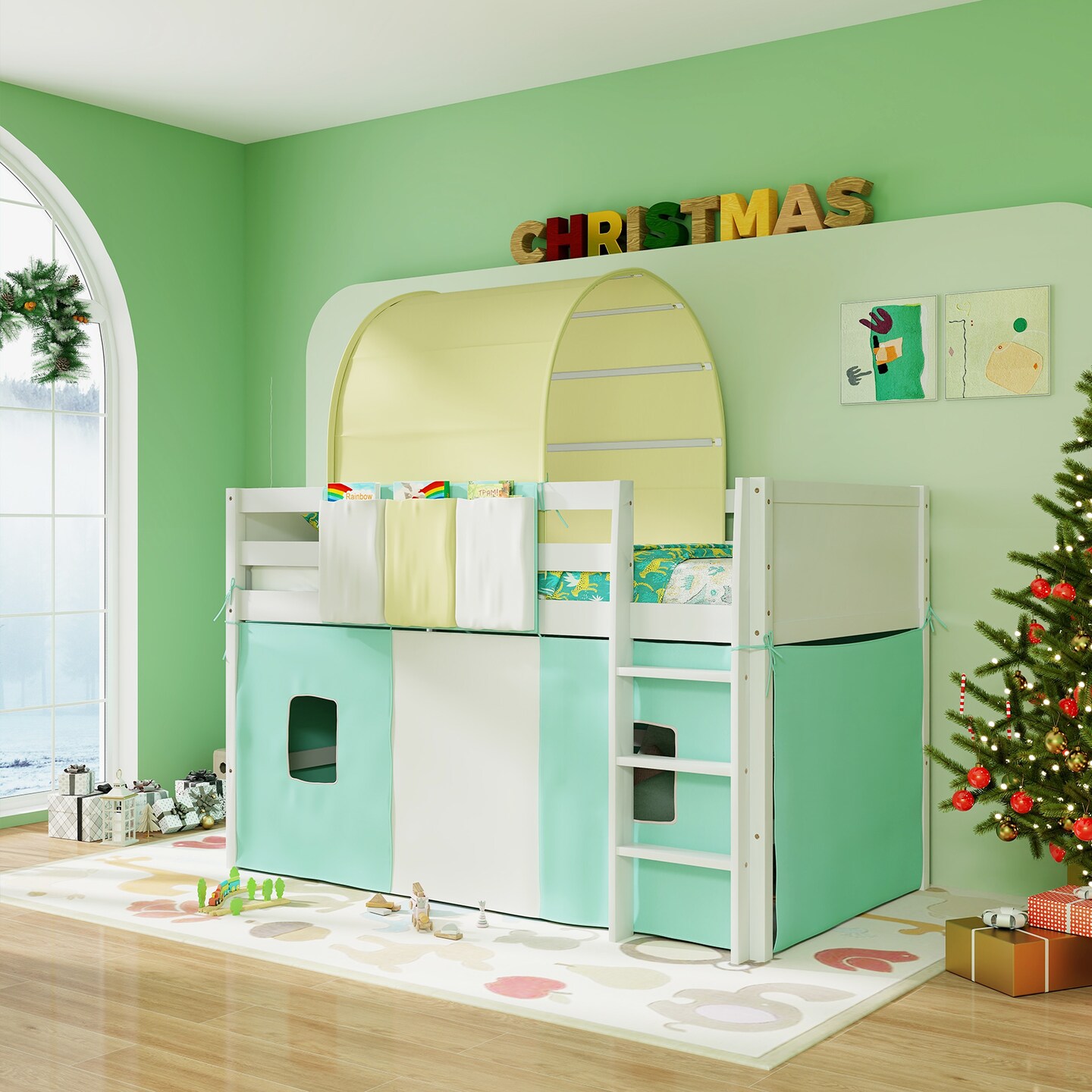 Twin Size Playhouse Loft Bed Frame with Tower Tent and 3 Storage Pockets for Kids