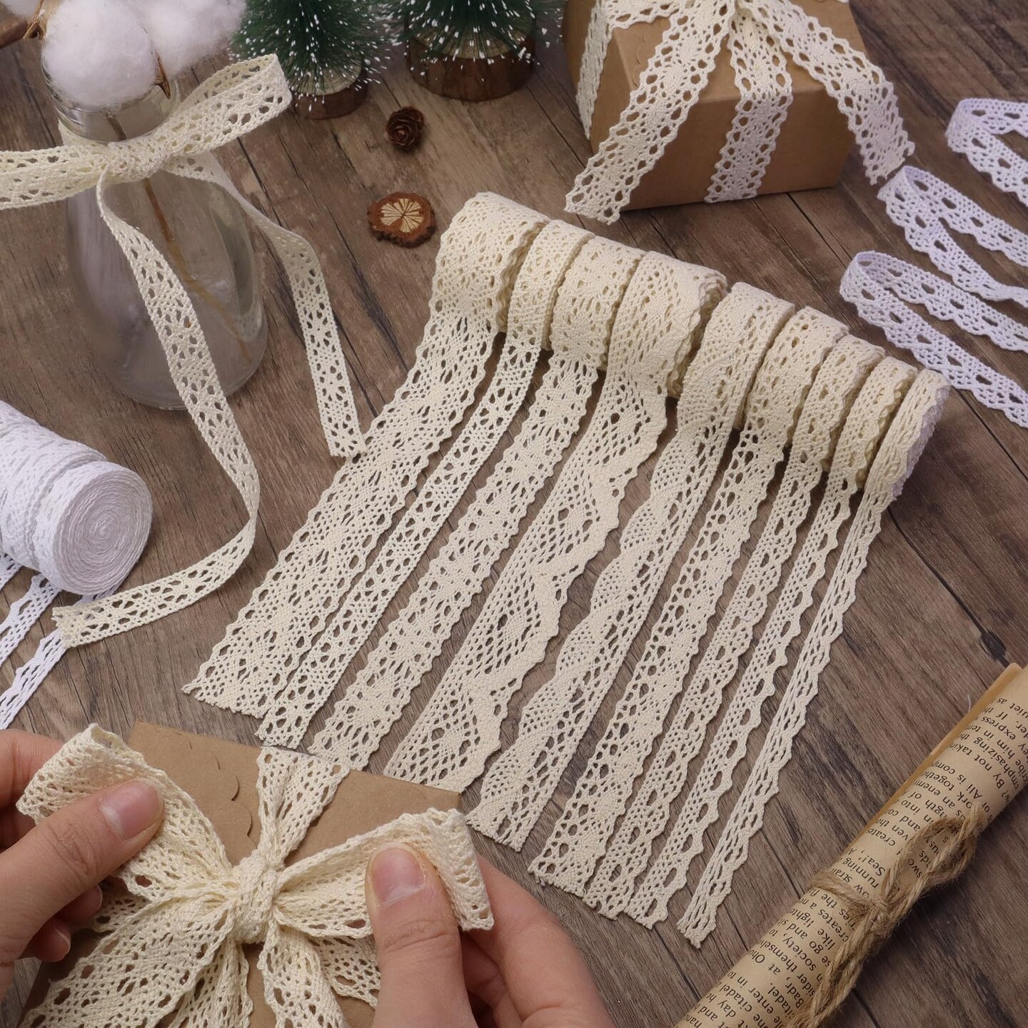 Beige Lace Ribbon 18 Yards Cotton Lace Trim Vintage Crochet Lace Ribbon Trim for Bridal Wedding Decoration Christmas Package DIY Sewing Craft Supply