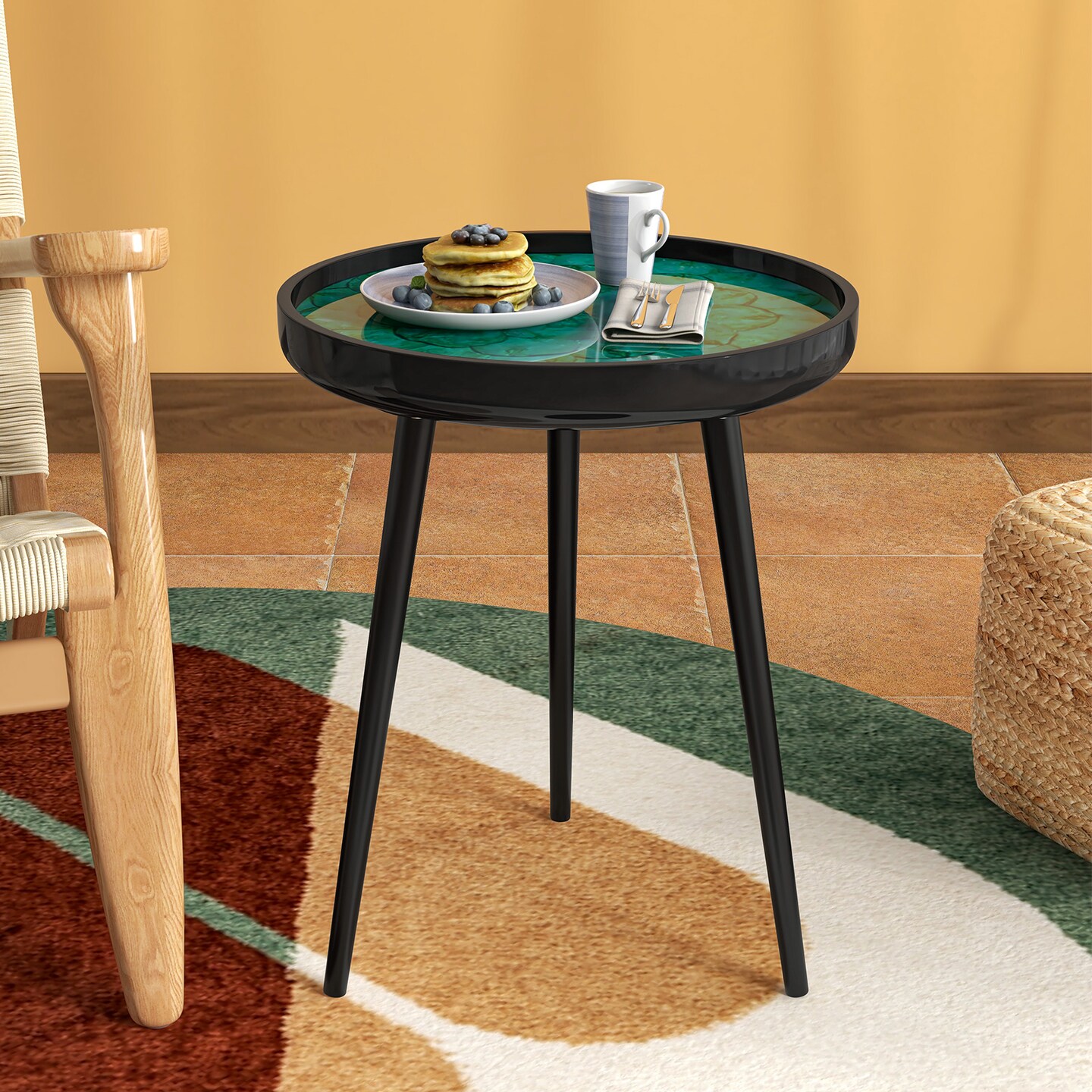 Green Wood Mid-Century Modern Coffee End Table with 16/20 Inch Sea Shell Decoration