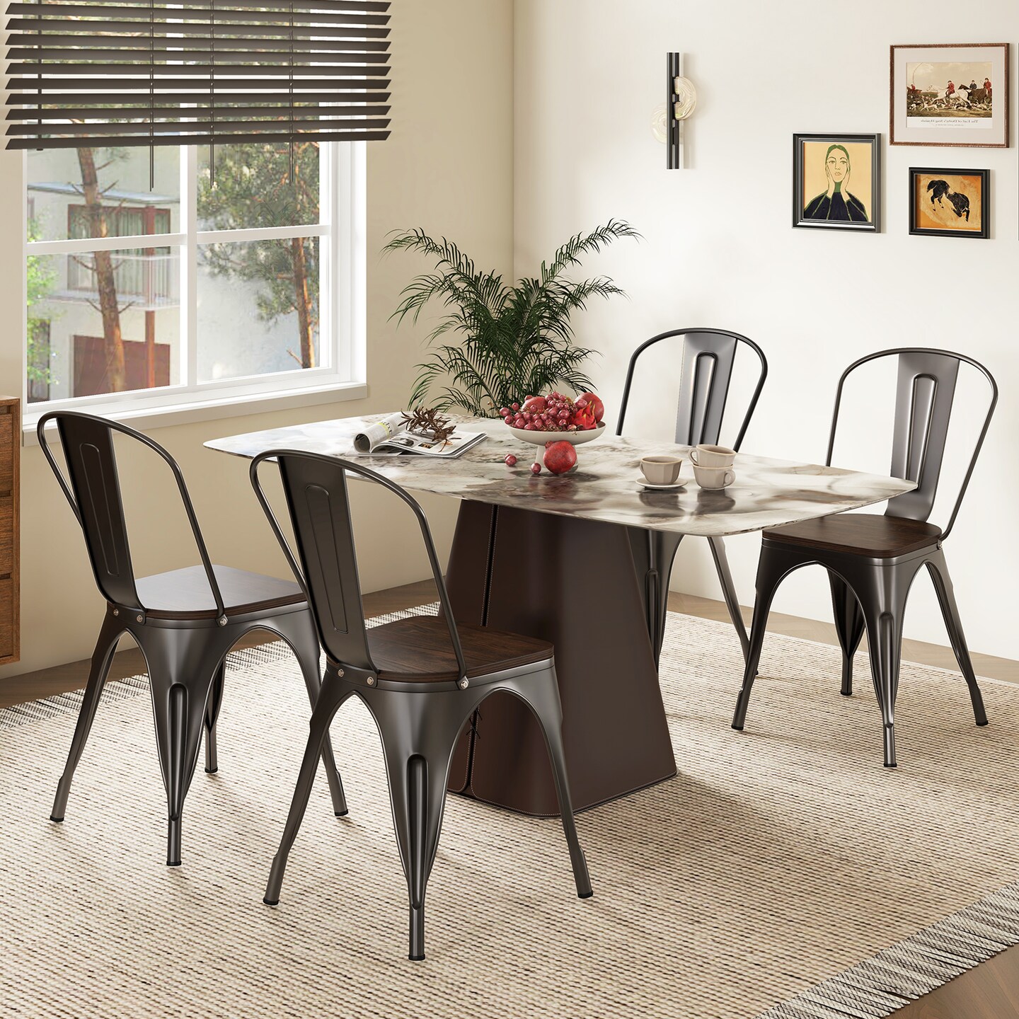 Metal Style Dining Chairs Set of 4, Stackable Kitchen Chairs with Wood Seat