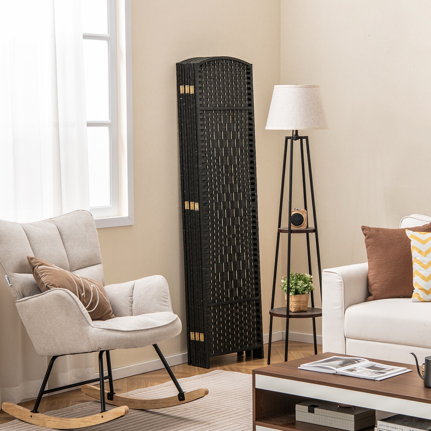 8-Panel Folding Room Divider with Hand-Woven Texture and Solid Wood Frame
