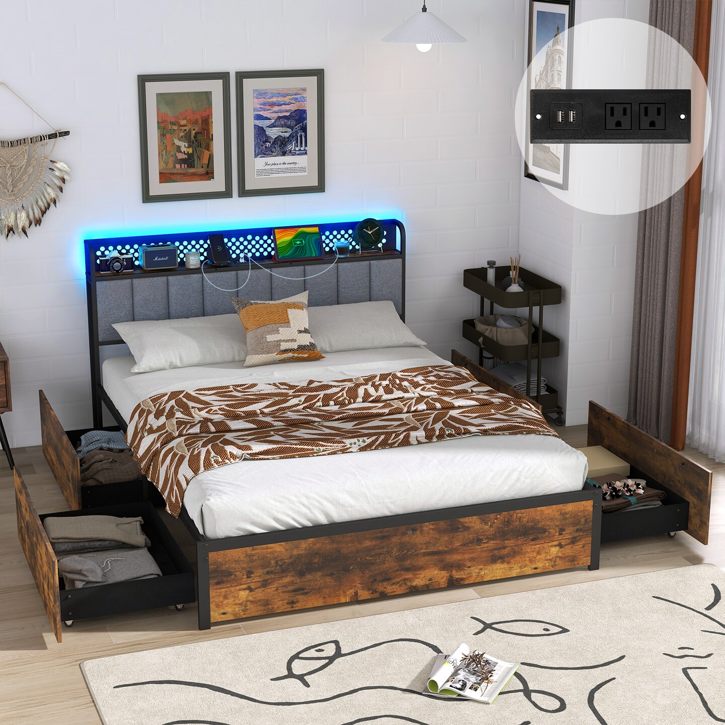 Twin/Full/Queen Bed Frame with LED Lights Upholstered Headboard and 4 Storage Drawers-Twin size