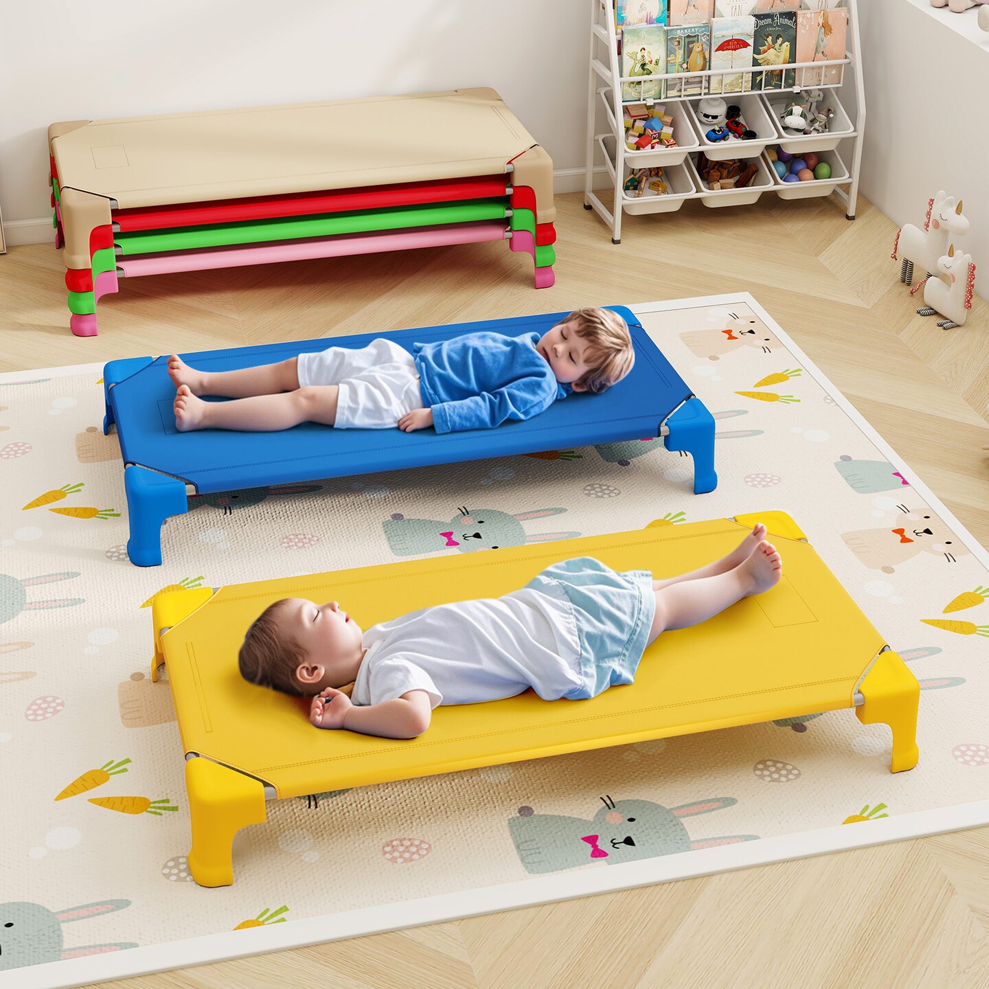 Metal PP Oxford Fabric Stacked Nap Cots for Kids with Easy Setup and Space-Saving Design