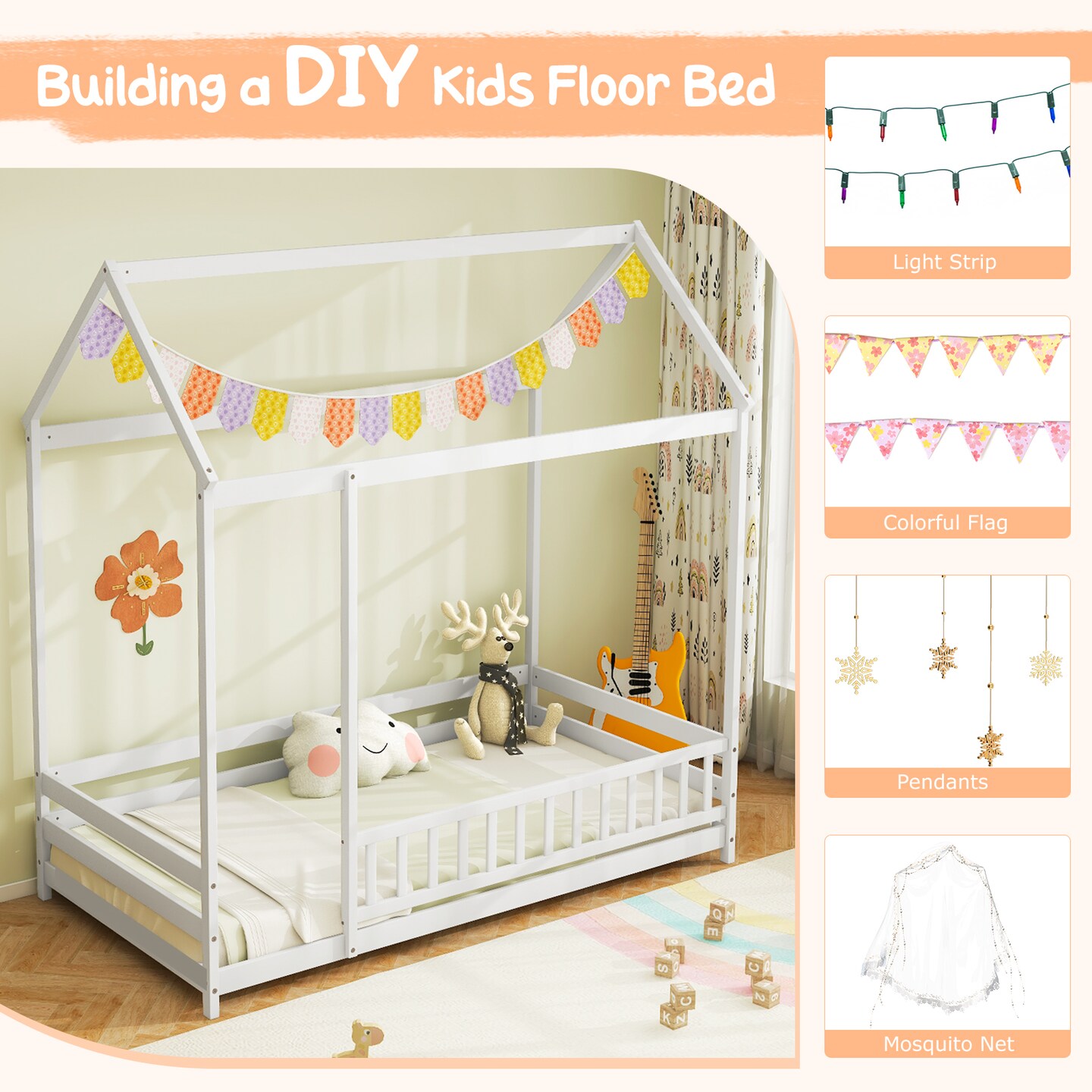 Kids Twin Size Montessori Pine Wood Playhouse Bed with Guardrail for Bedroom